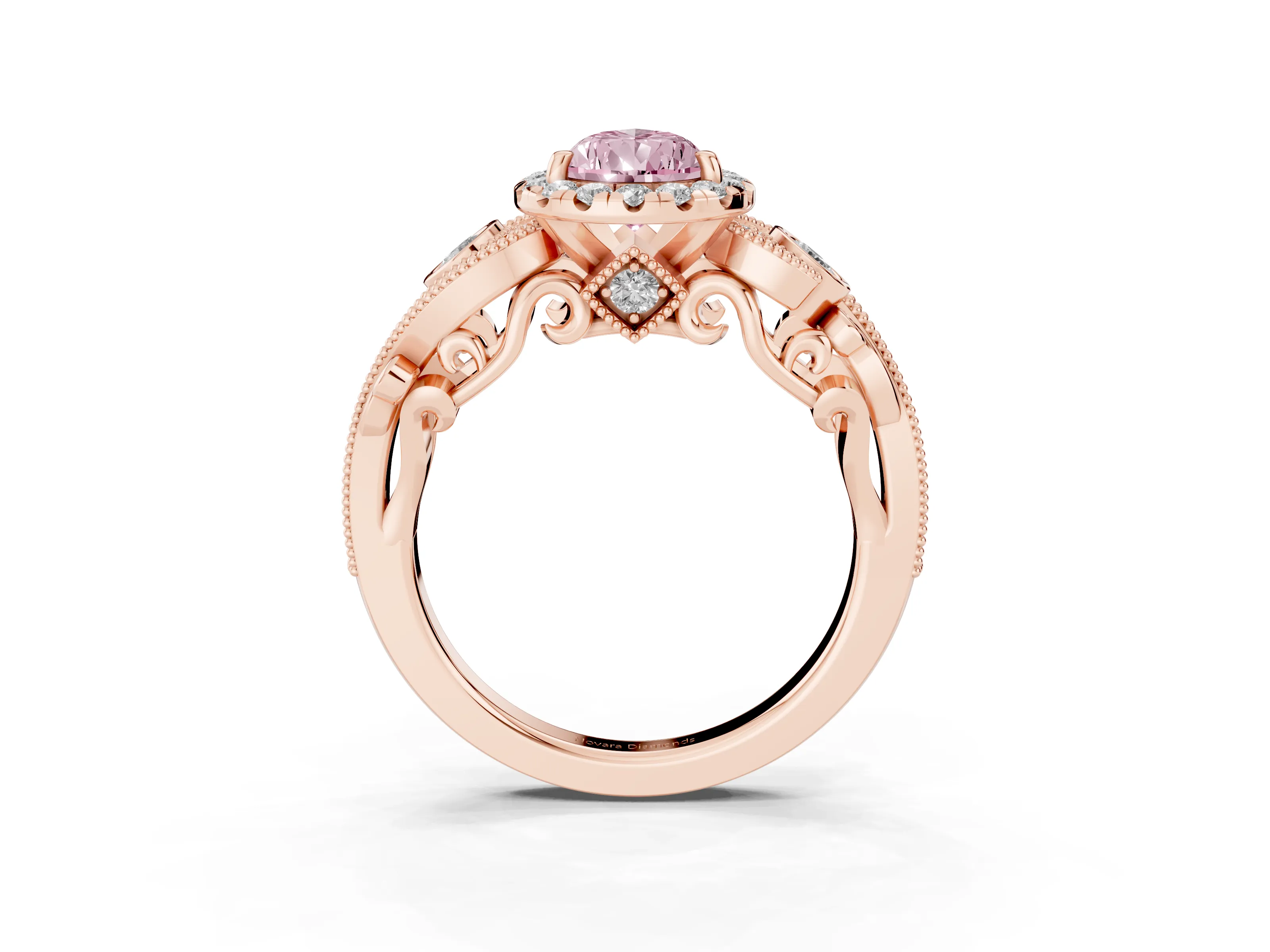 Fancy Pink Pear Cut Diamond Halo Ring Set in Rose gold with Milgrain Pavé Band and Prong Setting