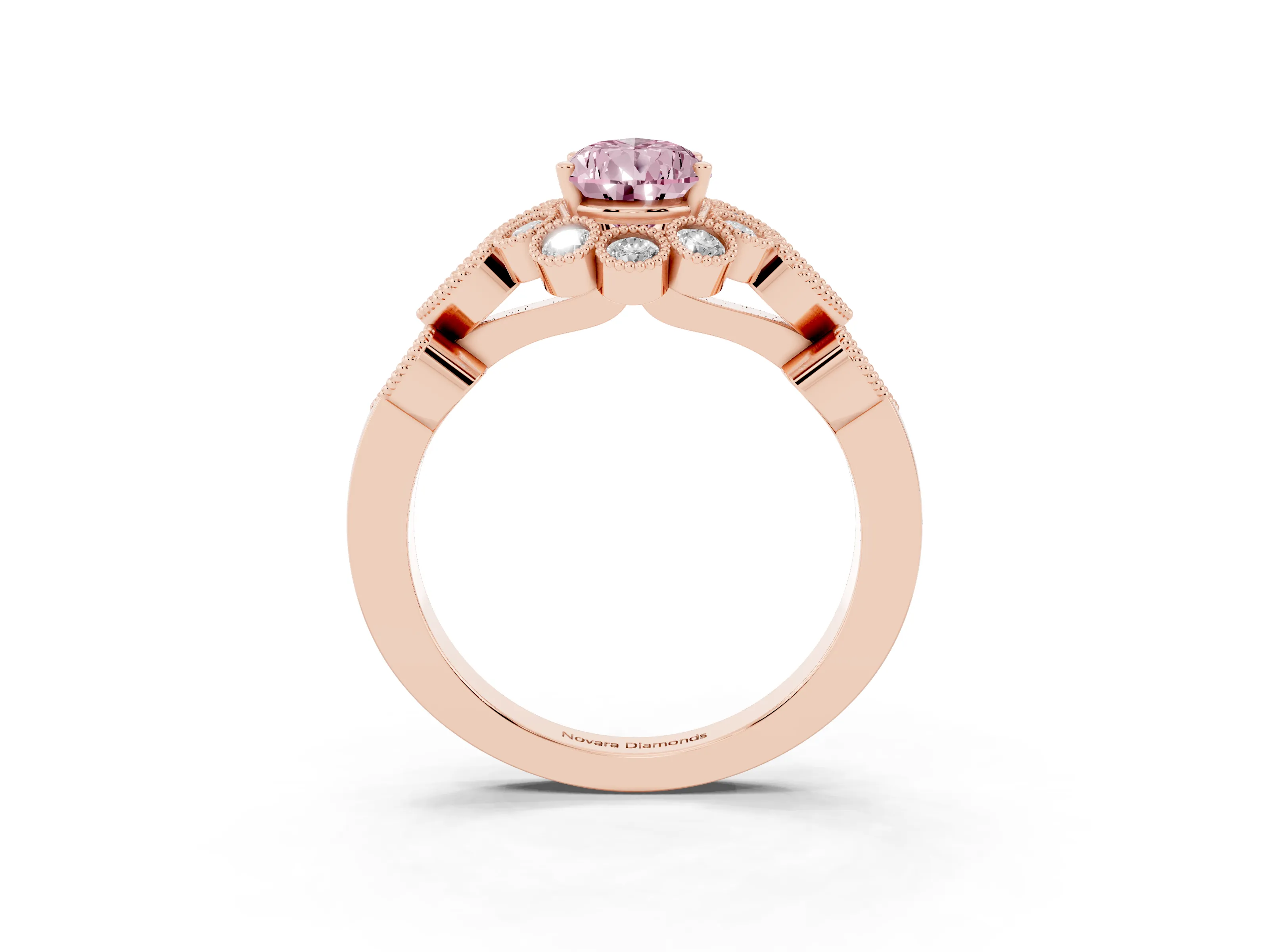 Fancy Pink Pear Cut Diamond Solitaire Ring Set in Rose gold with Milgrain Pavé Heart Band