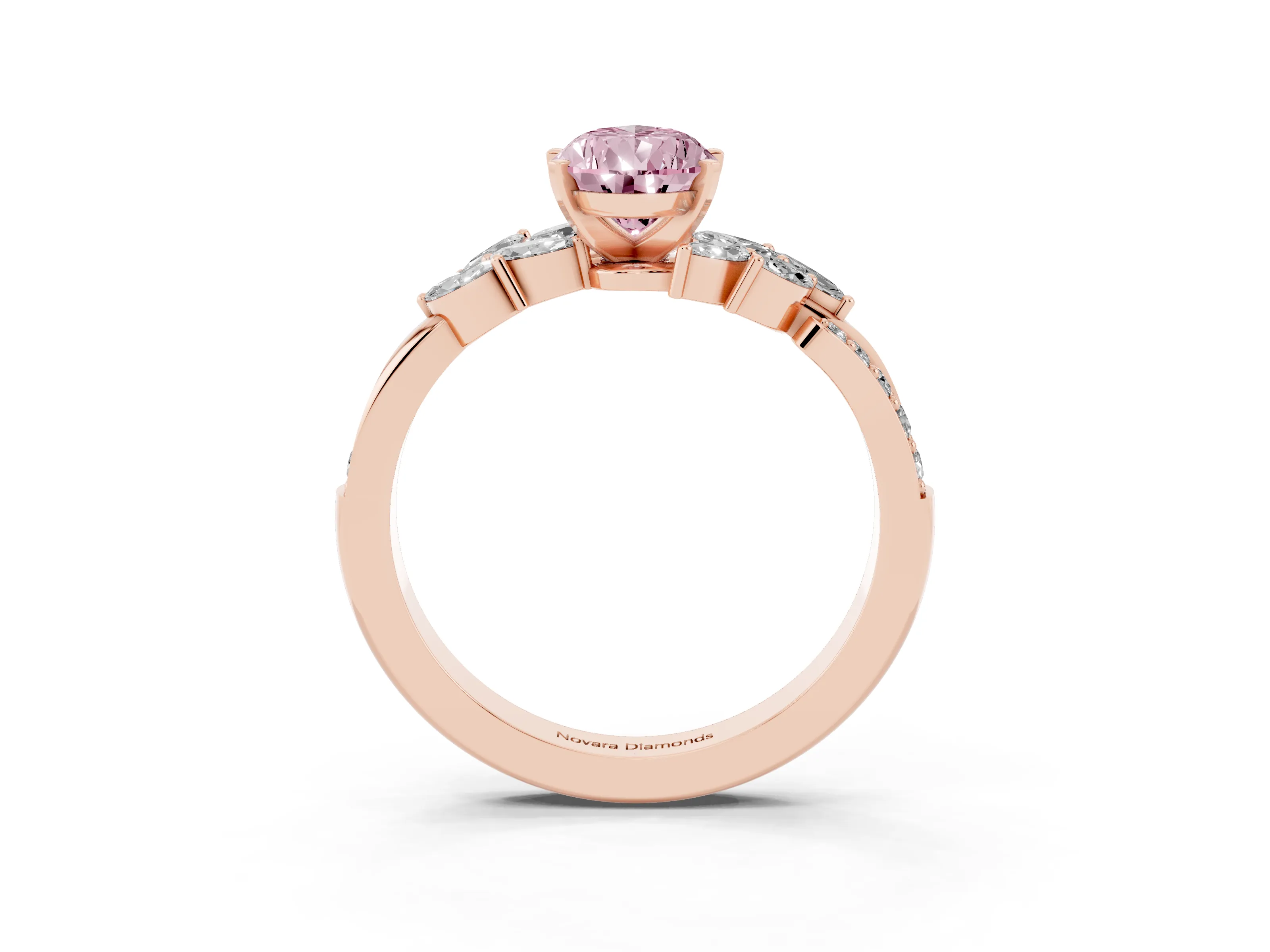 Fancy Pink Pear Cut Diamond Solitaire Ring Set in Rose gold with Marquise Twist Band and Prong Setting
