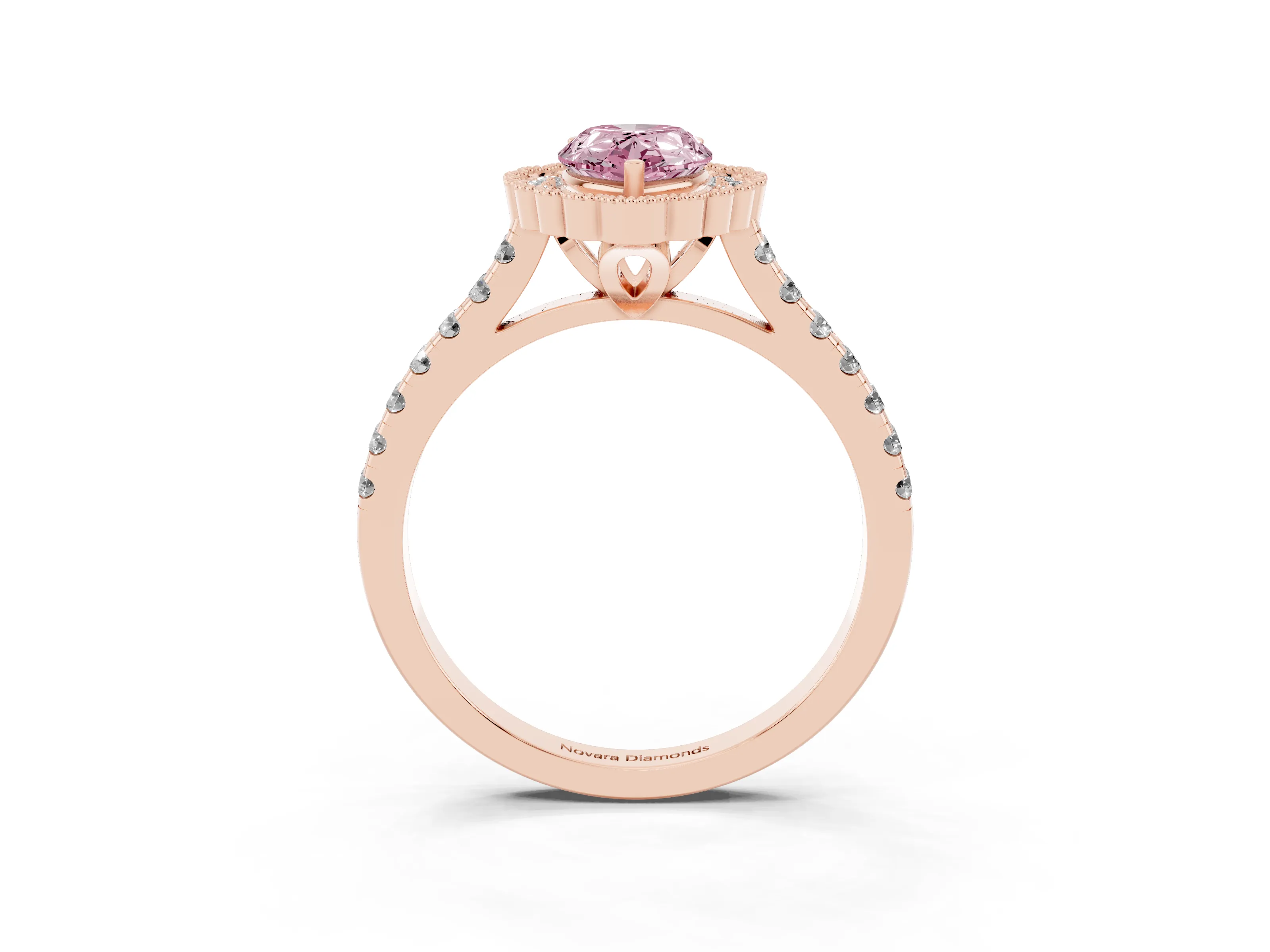 Fancy Pink Pear Cut Diamond Milgrain Floral Halo Engagement Ring Set in Rose gold with Pavé Band