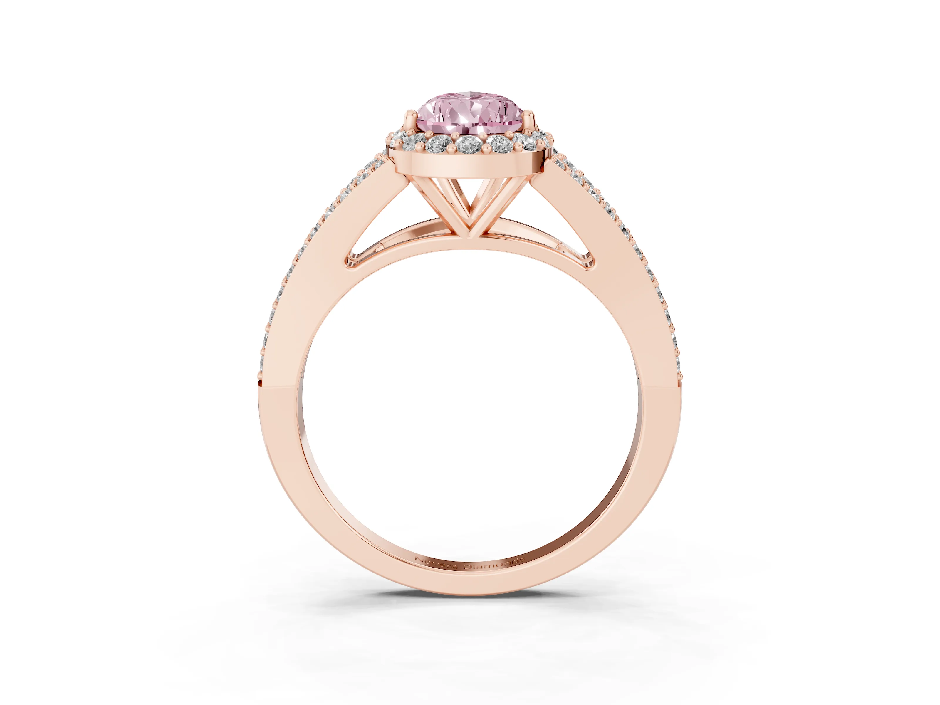 Fancy Pink Pear Cut Diamond Halo Split Shank Pavé Ring Set in Rose gold with Prong Setting