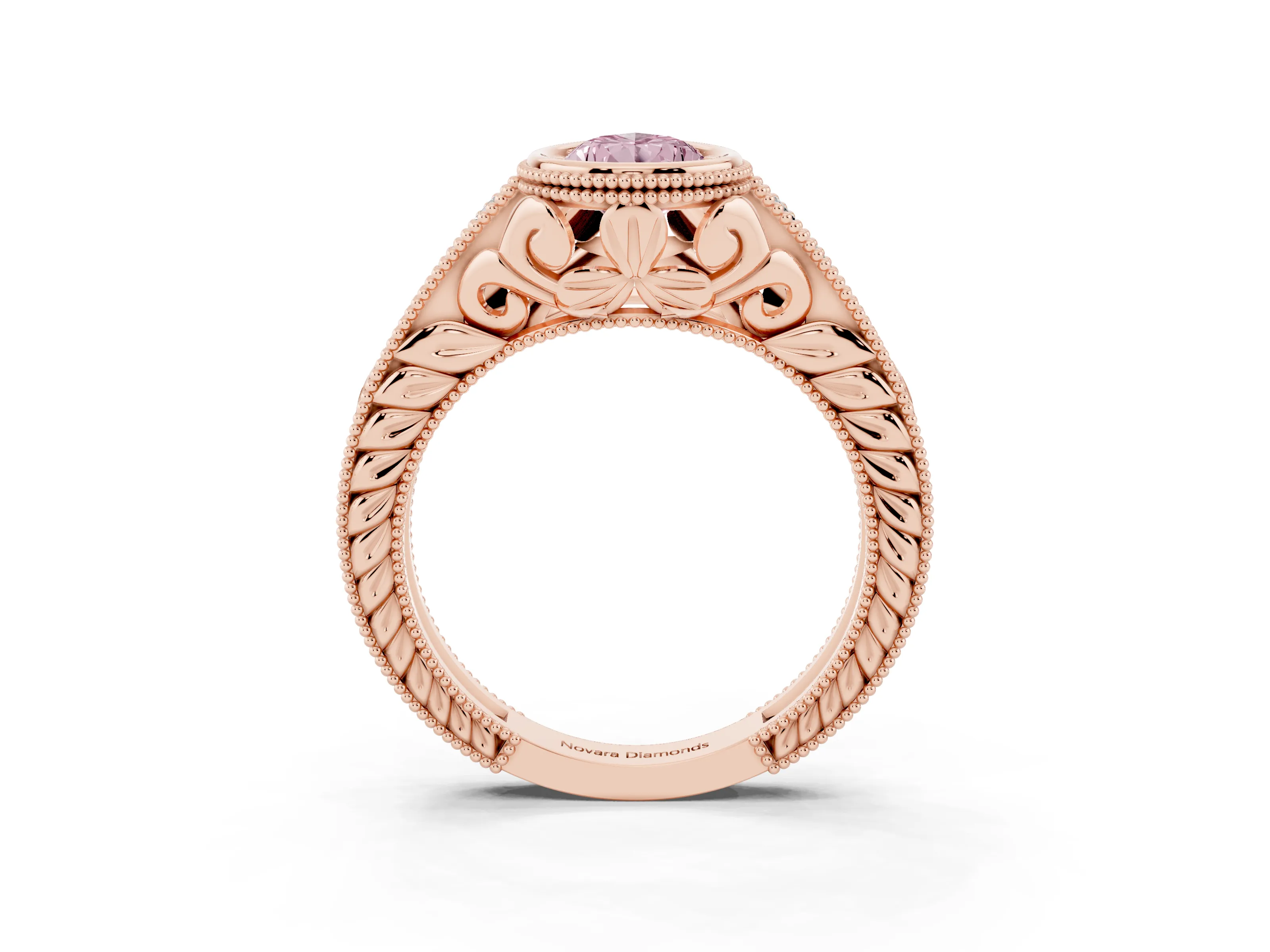 Fancy Pink Bezel Set Pear Cut Diamond Milgrain Pavé Engagement Ring Set in Rose gold