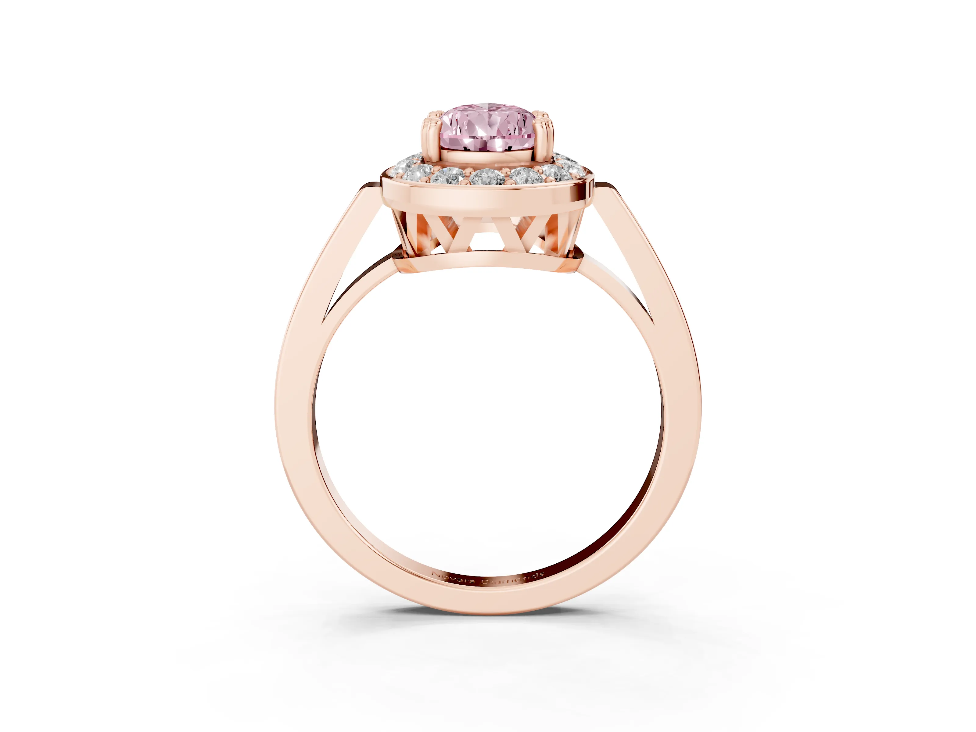 Fancy Pink Pear Cut Diamond Halo Ring Set in Rose gold with Accent-Lined Split Shank and Prong Setting