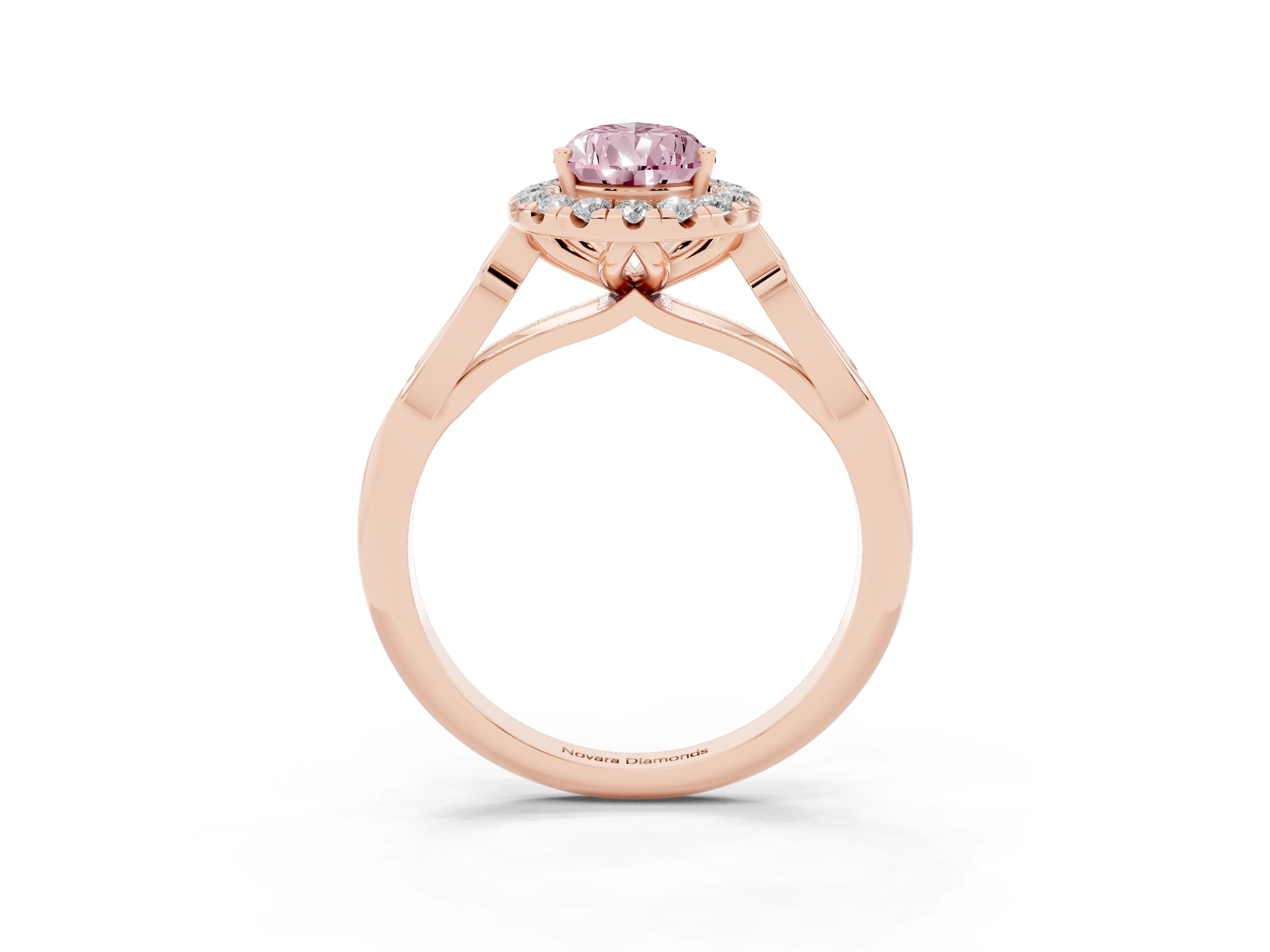 Fancy Pink Pear Cut Diamond Halo Engagement Ring Set in Rose gold with Filigree Band and Prong-Set Center