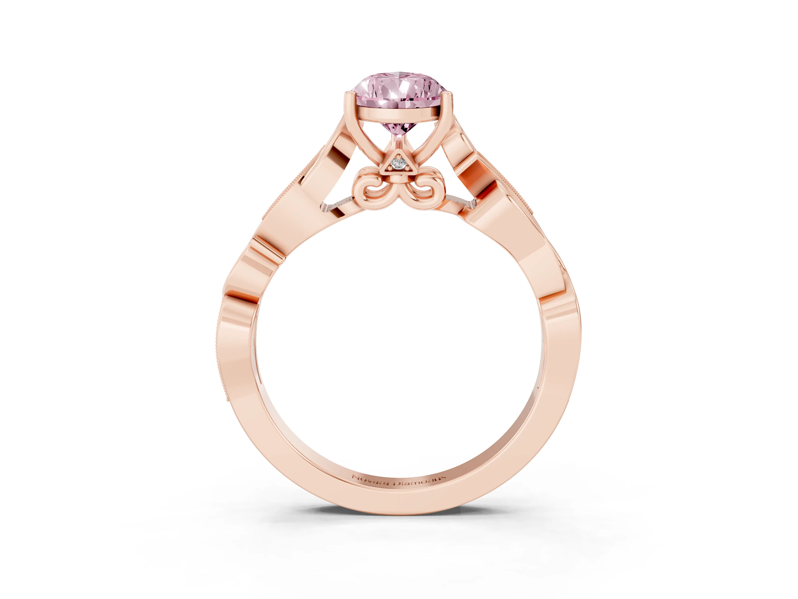 Fancy Pink Pear Cut Diamond Vine Band Solitaire Ring Set in Rose gold with Milgrain Prong Setting