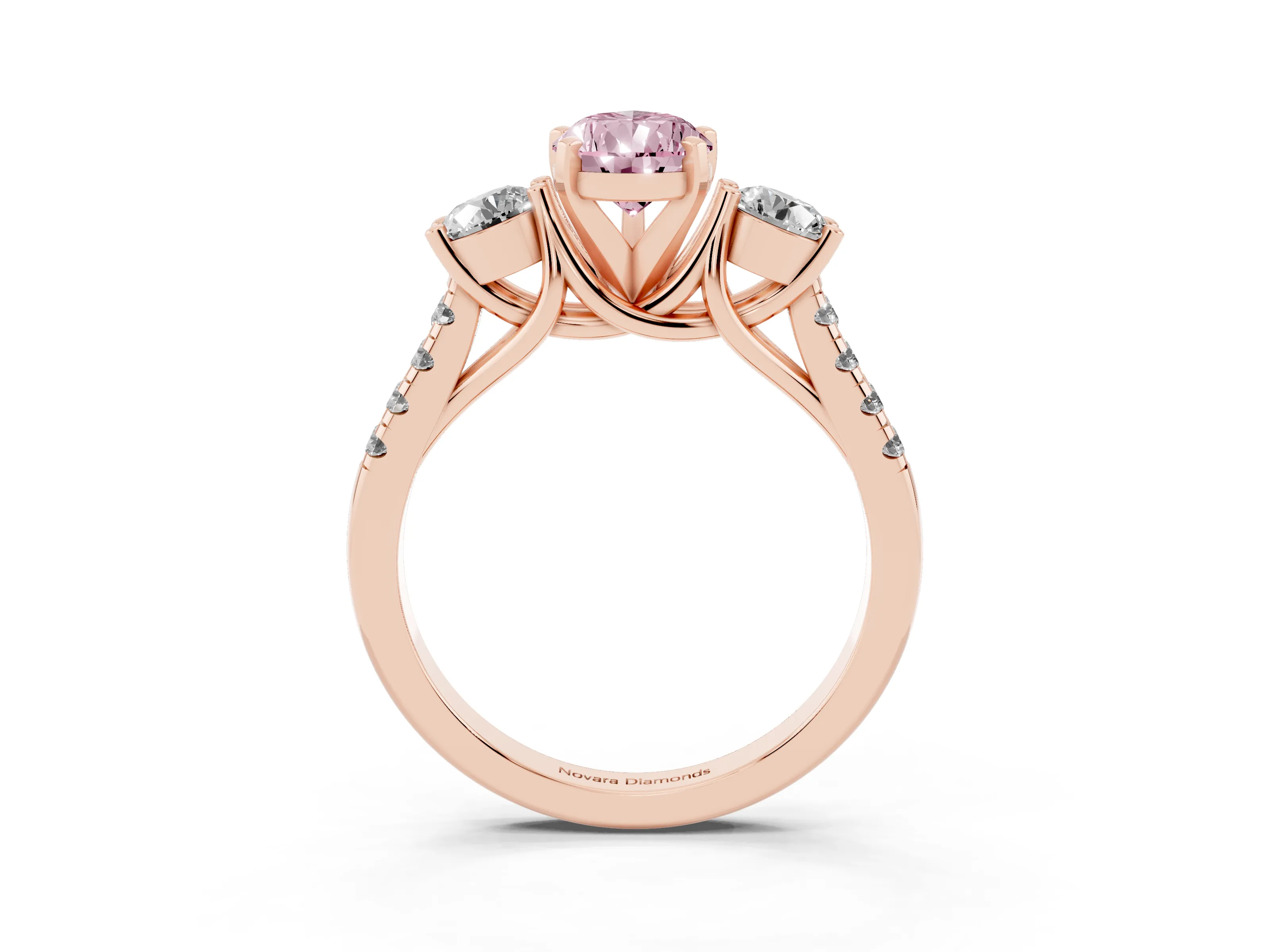 Fancy Pink Three-Stone Pear Cut Diamond Pavé Band Ring Set in Rose gold with Prong-Set Trio