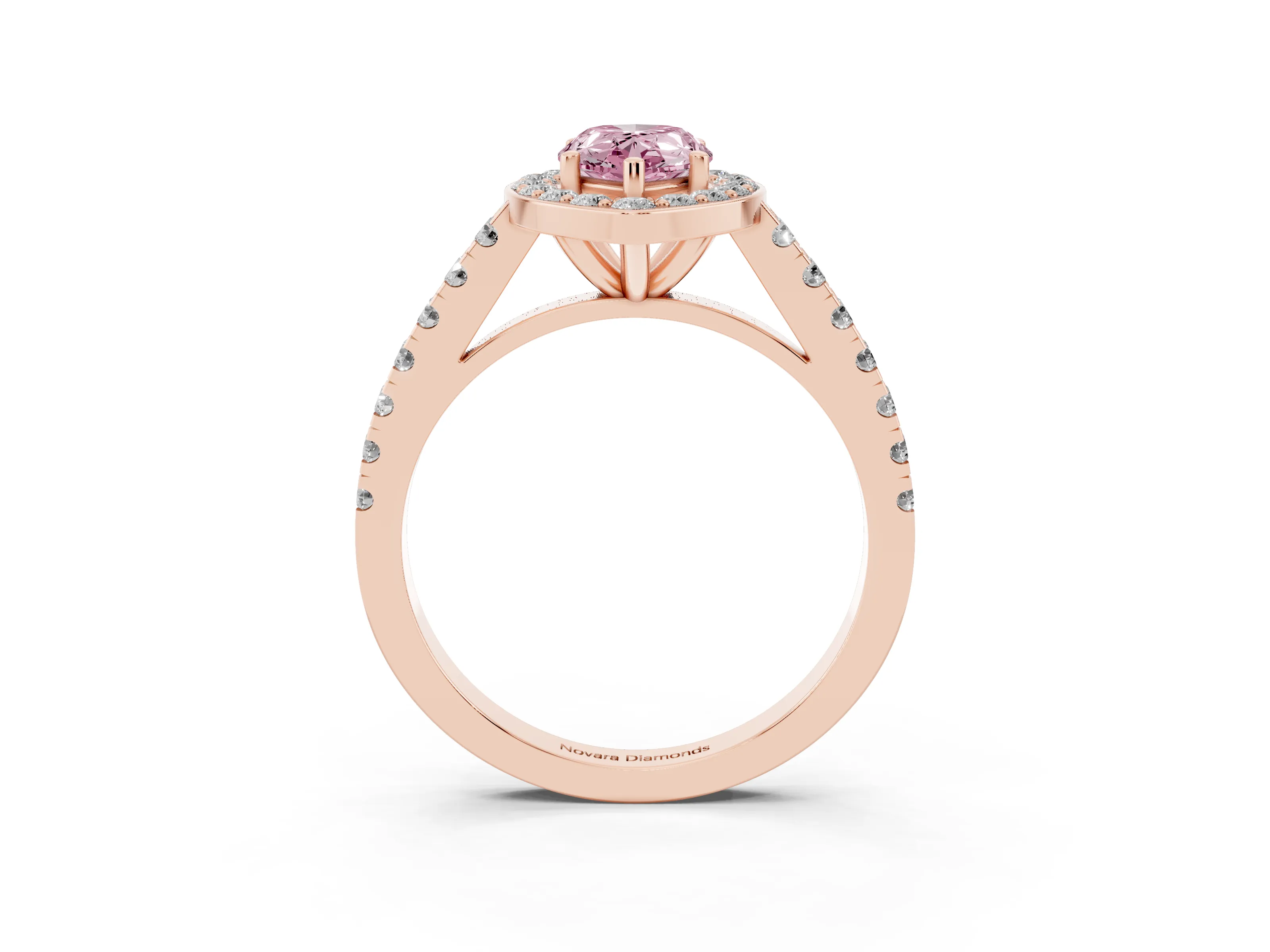 Fancy Pink Pear Cut Diamond Halo Ring Set in Rose gold with Round Pavé Split Shank and Prong Setting