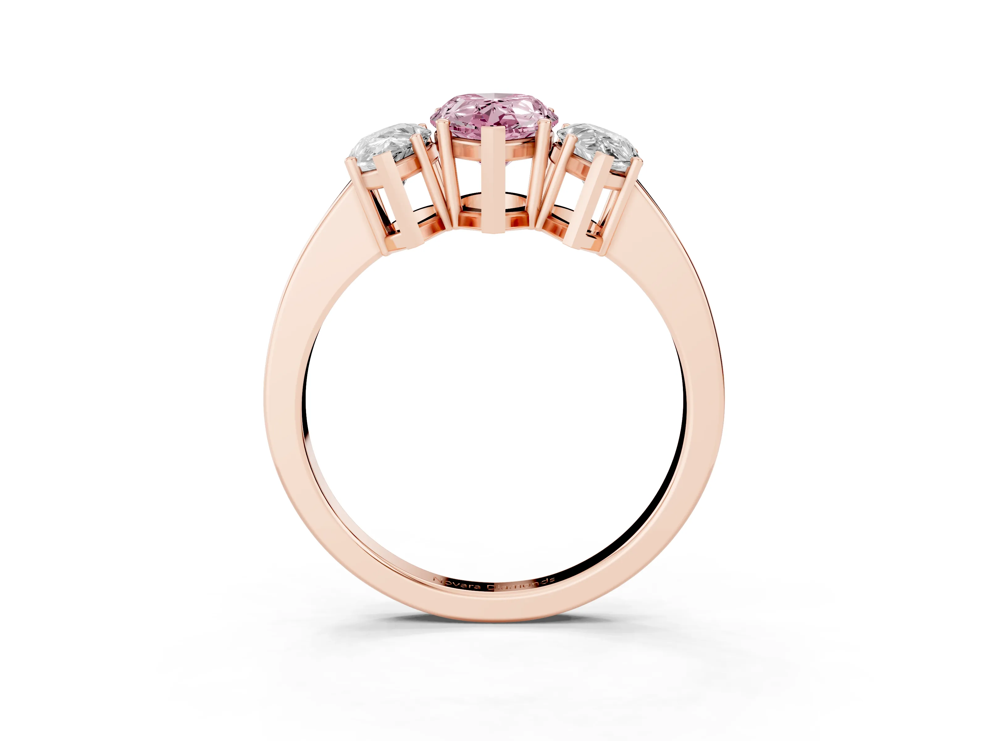 Fancy Pink Pear Cut Diamond Three-Stone Engagement Ring Set in Rose gold with Flat Band