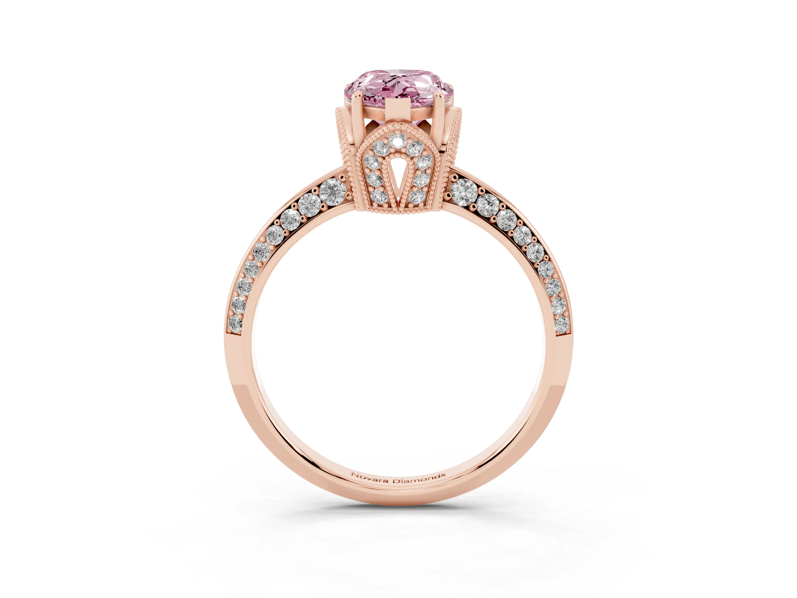 Fancy Pink Pear Cut Diamond Solitaire Engagement Ring Set in Rose gold with Pavé Split Shank and Prong Setting