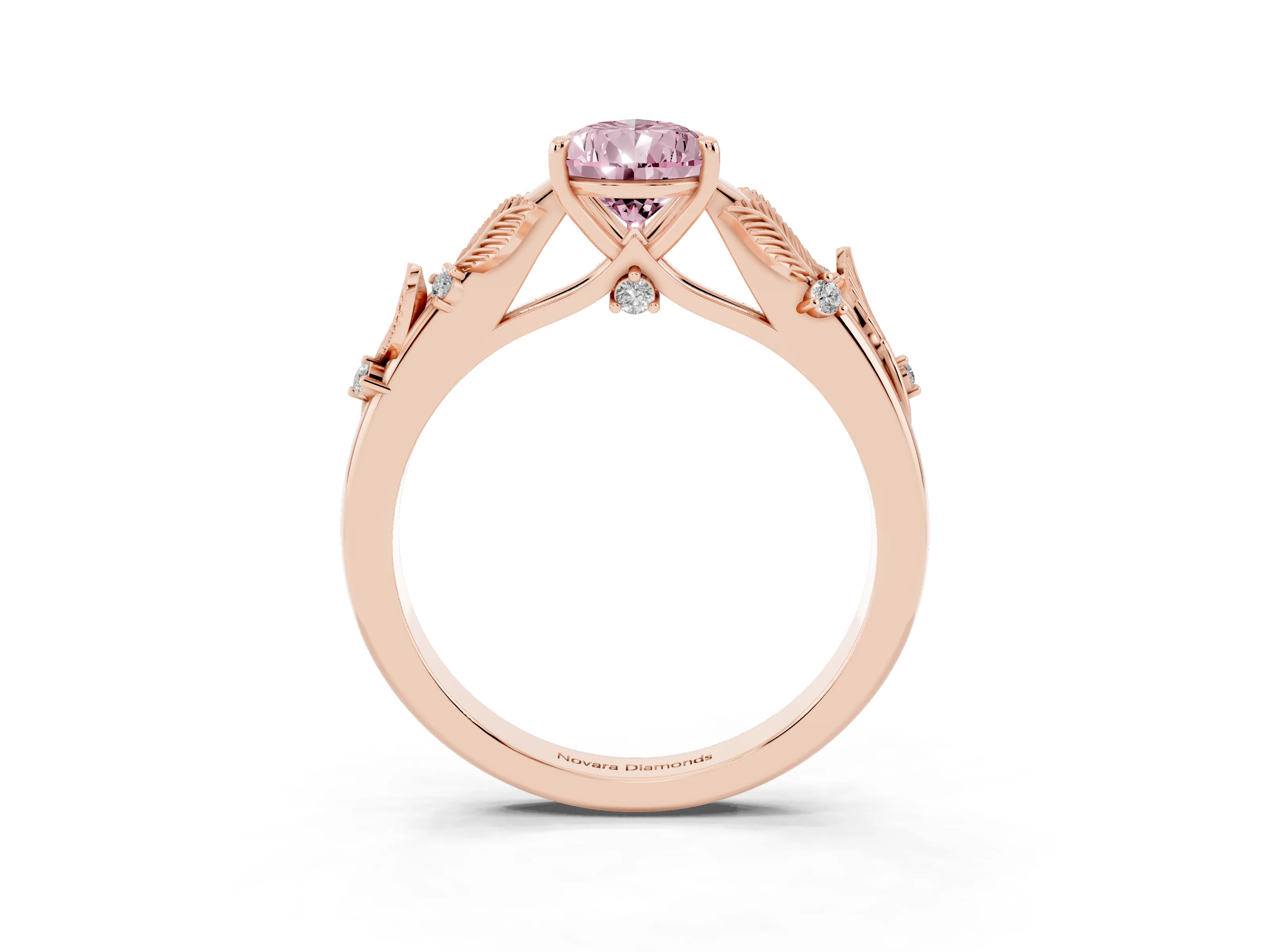 Fancy Pink Pear Cut Diamond Solitaire Ring Set in Rose gold with Leaf Motif Band