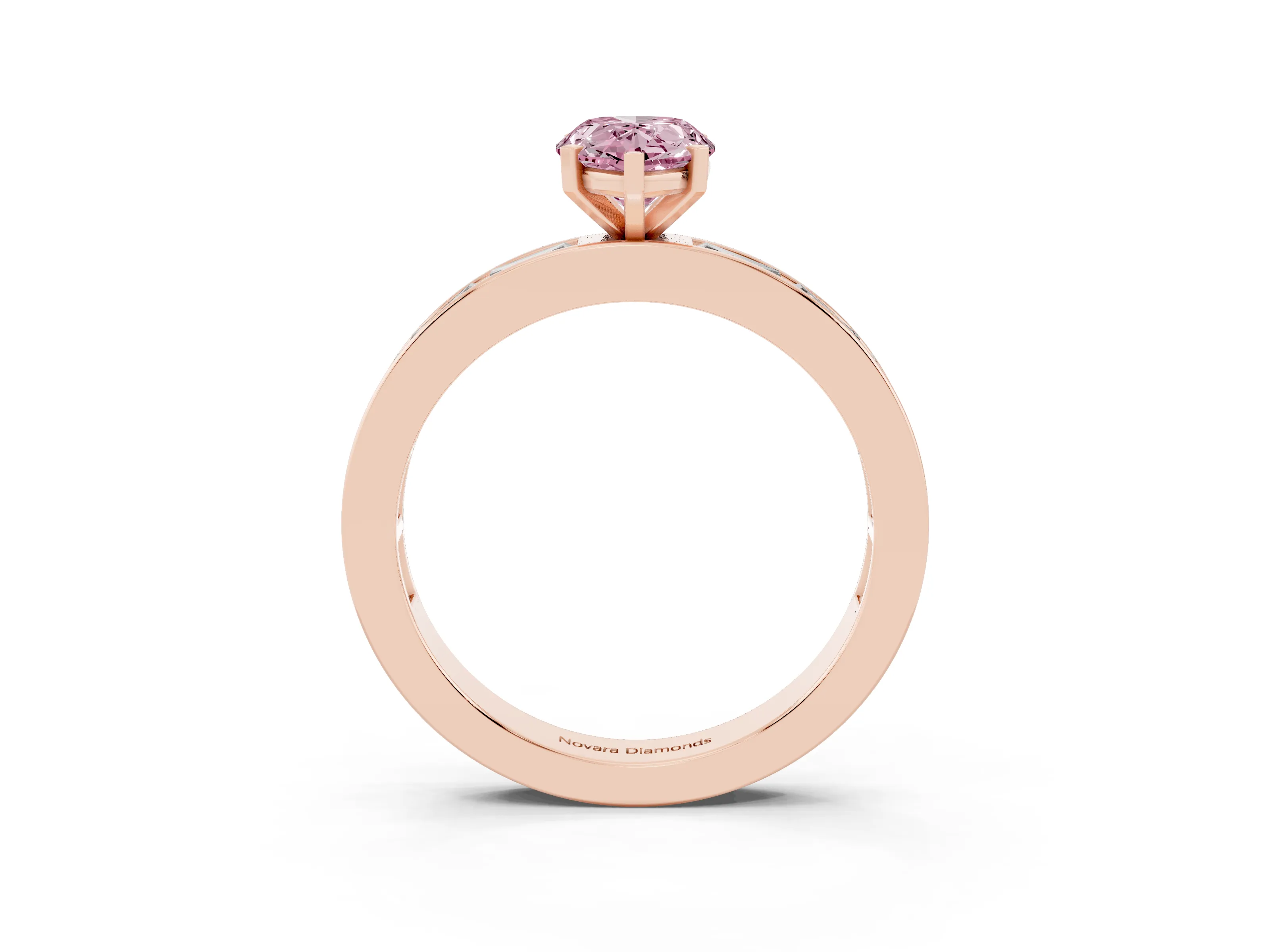 Fancy Pink Pear Cut Diamond Solitaire Ring Set in Rose gold with Channel-Set Baguette Band and Prong Setting