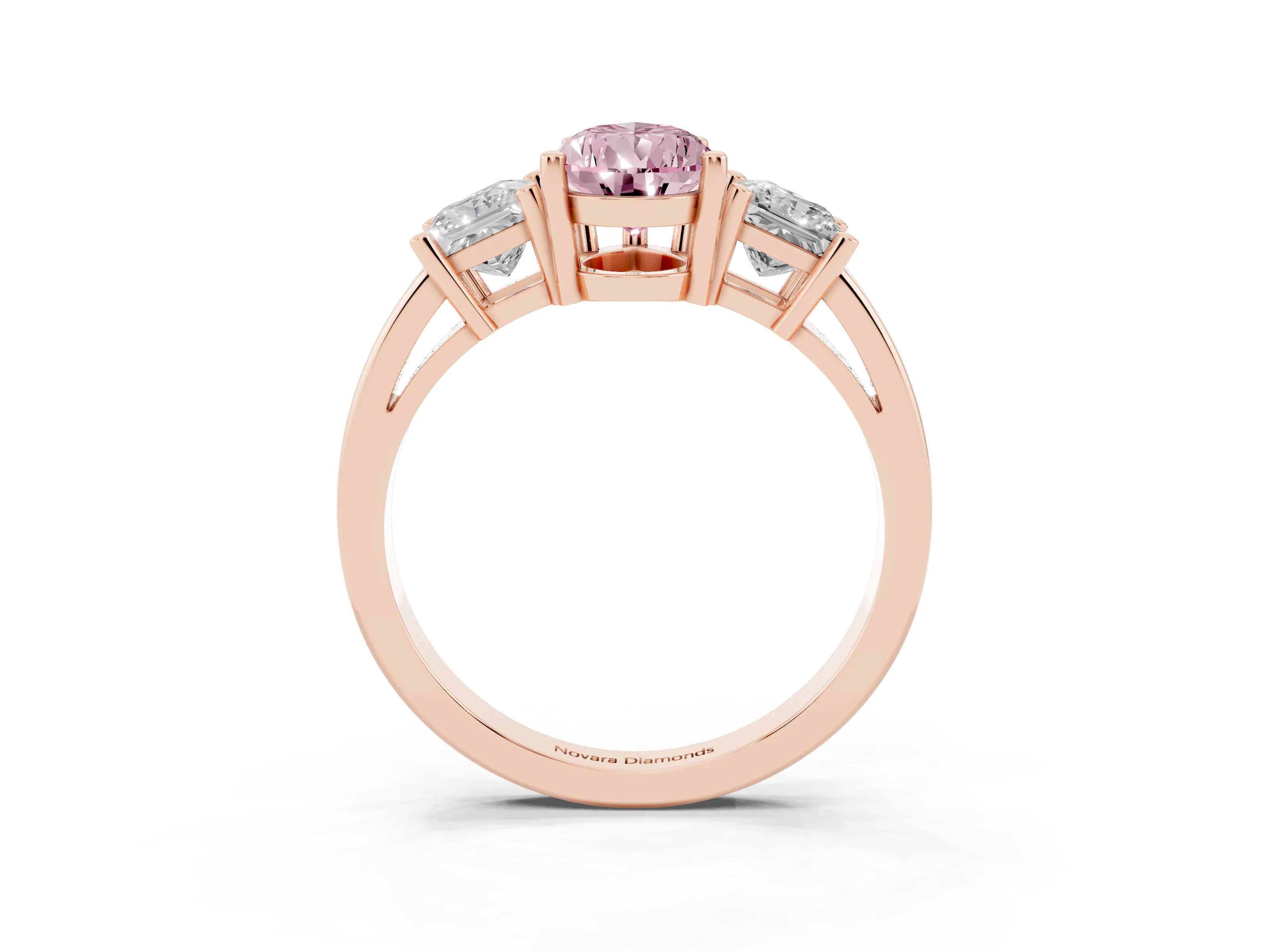 Fancy Pink Three-Stone Pear Cut Diamond Solitaire Ring Set in Rose gold with Prong Setting