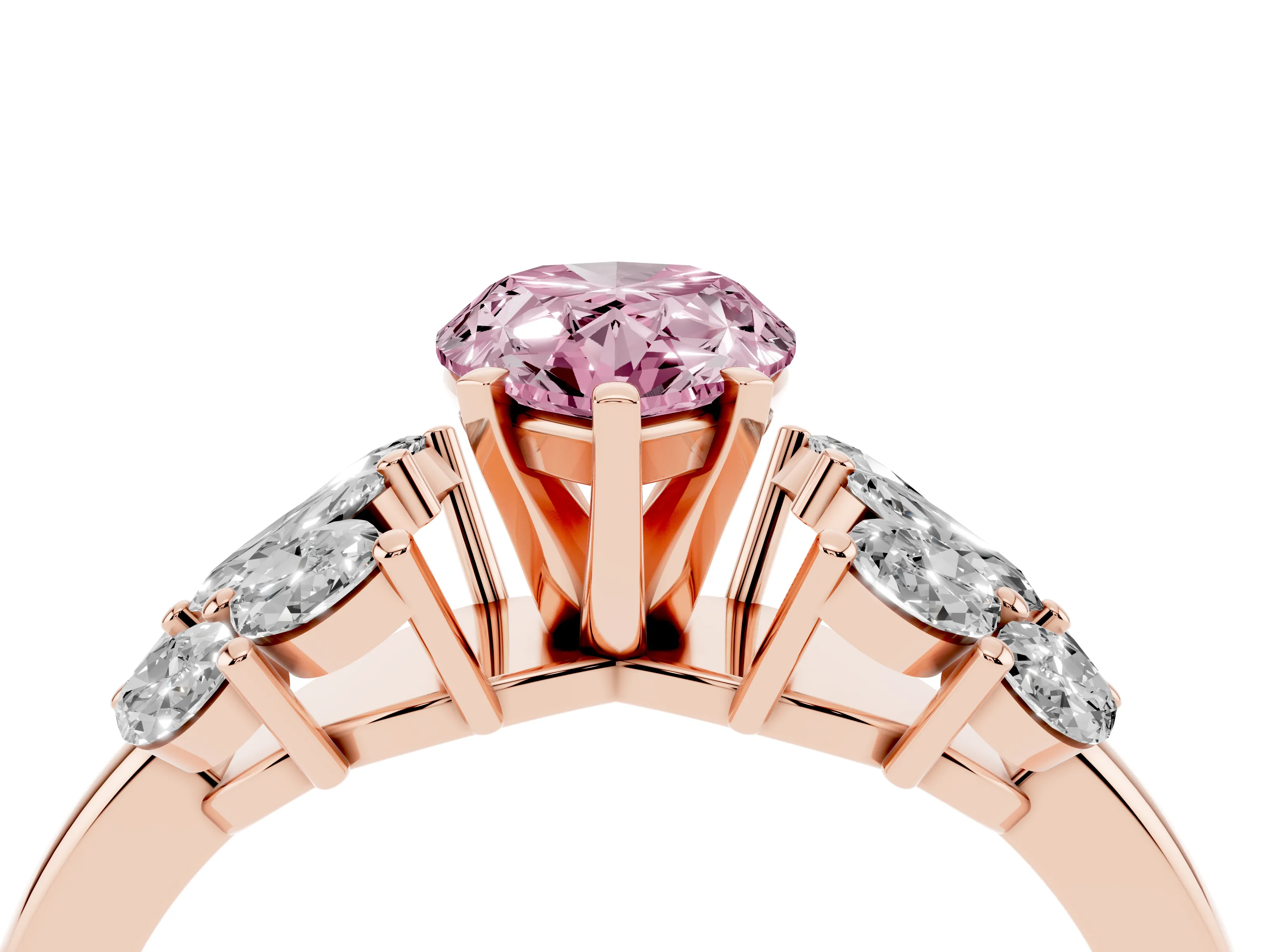 Fancy Pink Pear Cut Diamond Cluster Leaf Design Ring Set in Rose gold with Prong Setting
