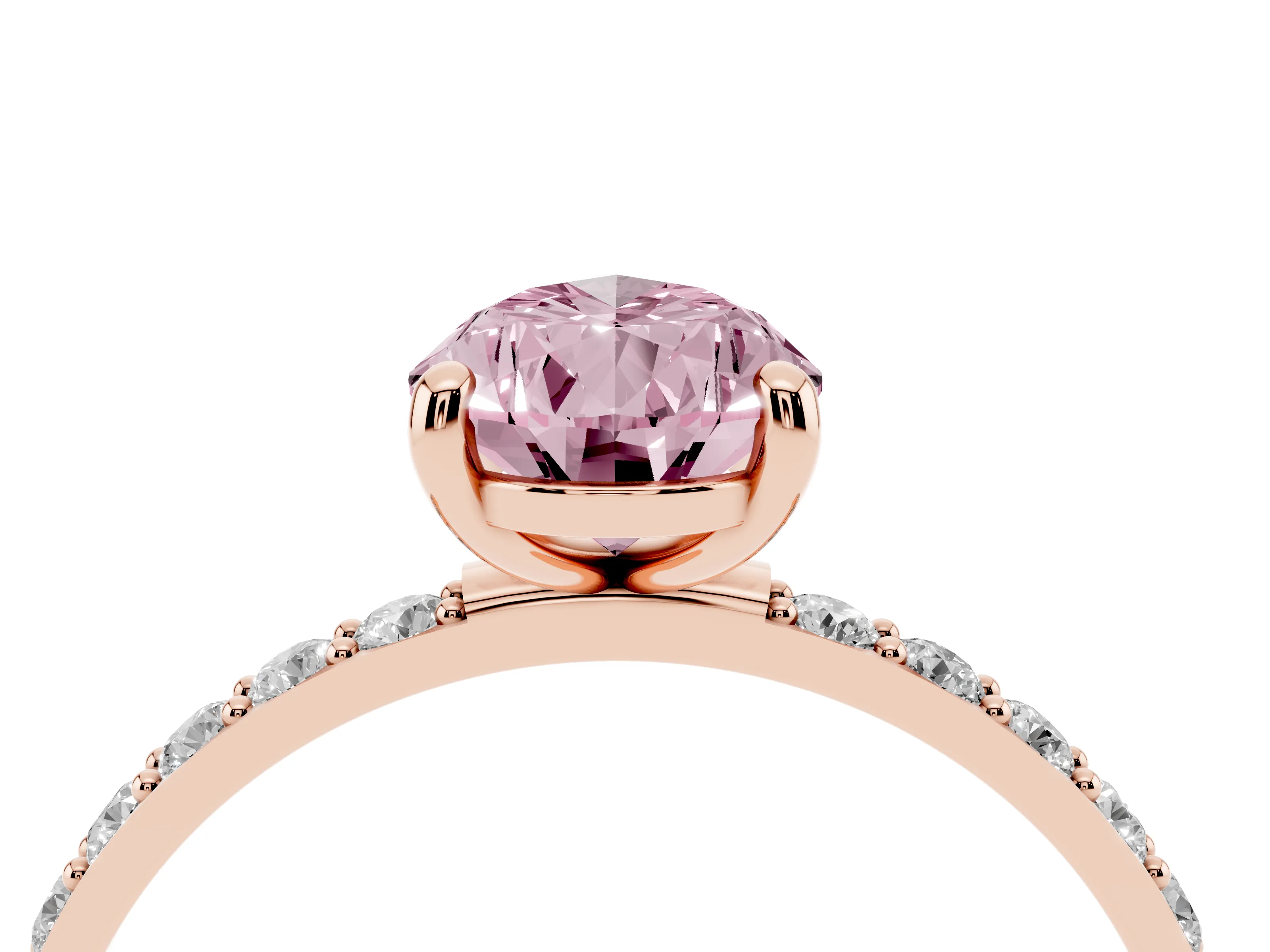 Fancy Pink Pear Cut Diamond Solitaire Ring Set in Rose gold with Round Pavé Band and Prong Setting