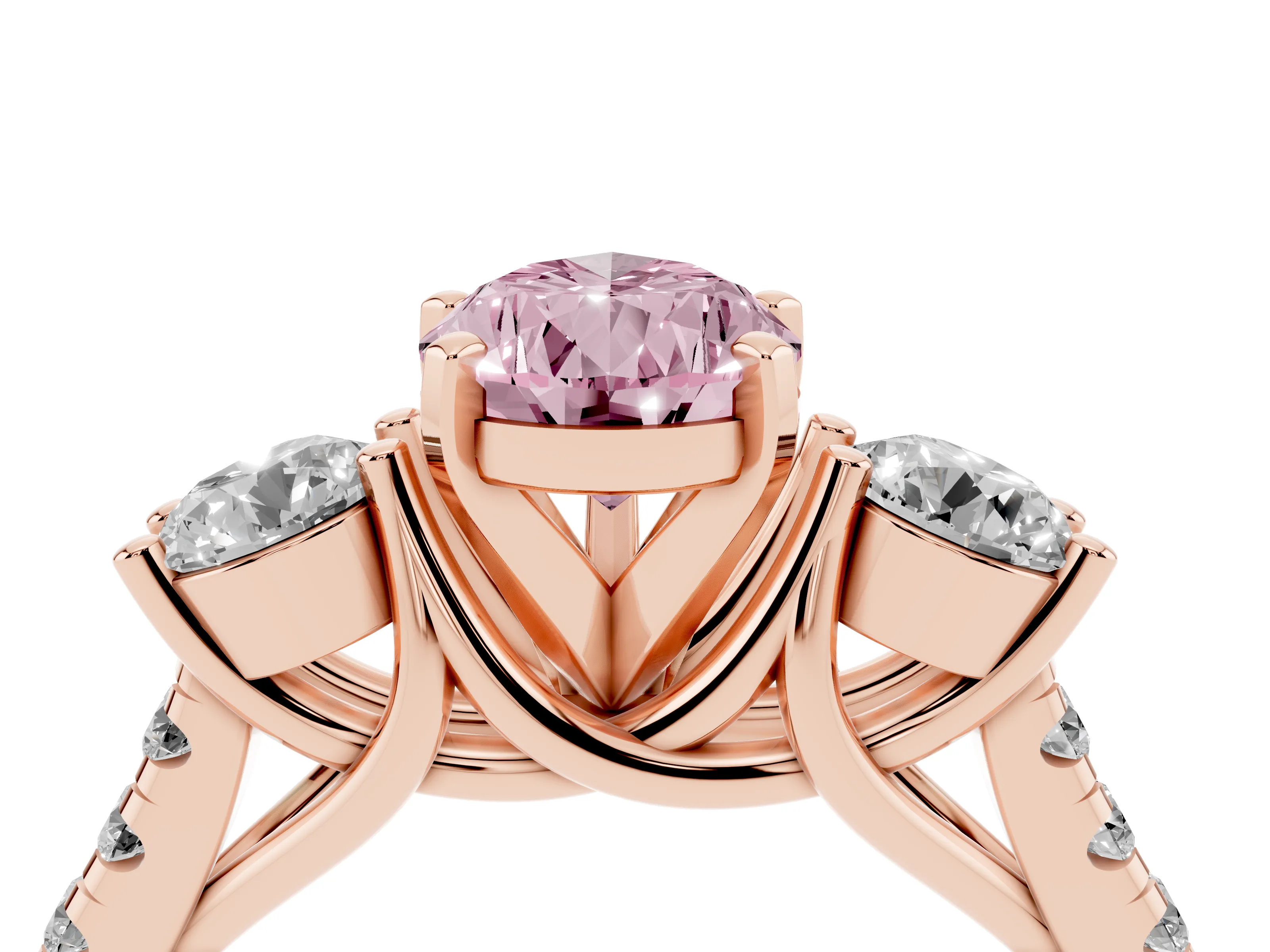 Fancy Pink Three-Stone Pear Cut Diamond Pavé Band Ring Set in Rose gold with Prong-Set Trio
