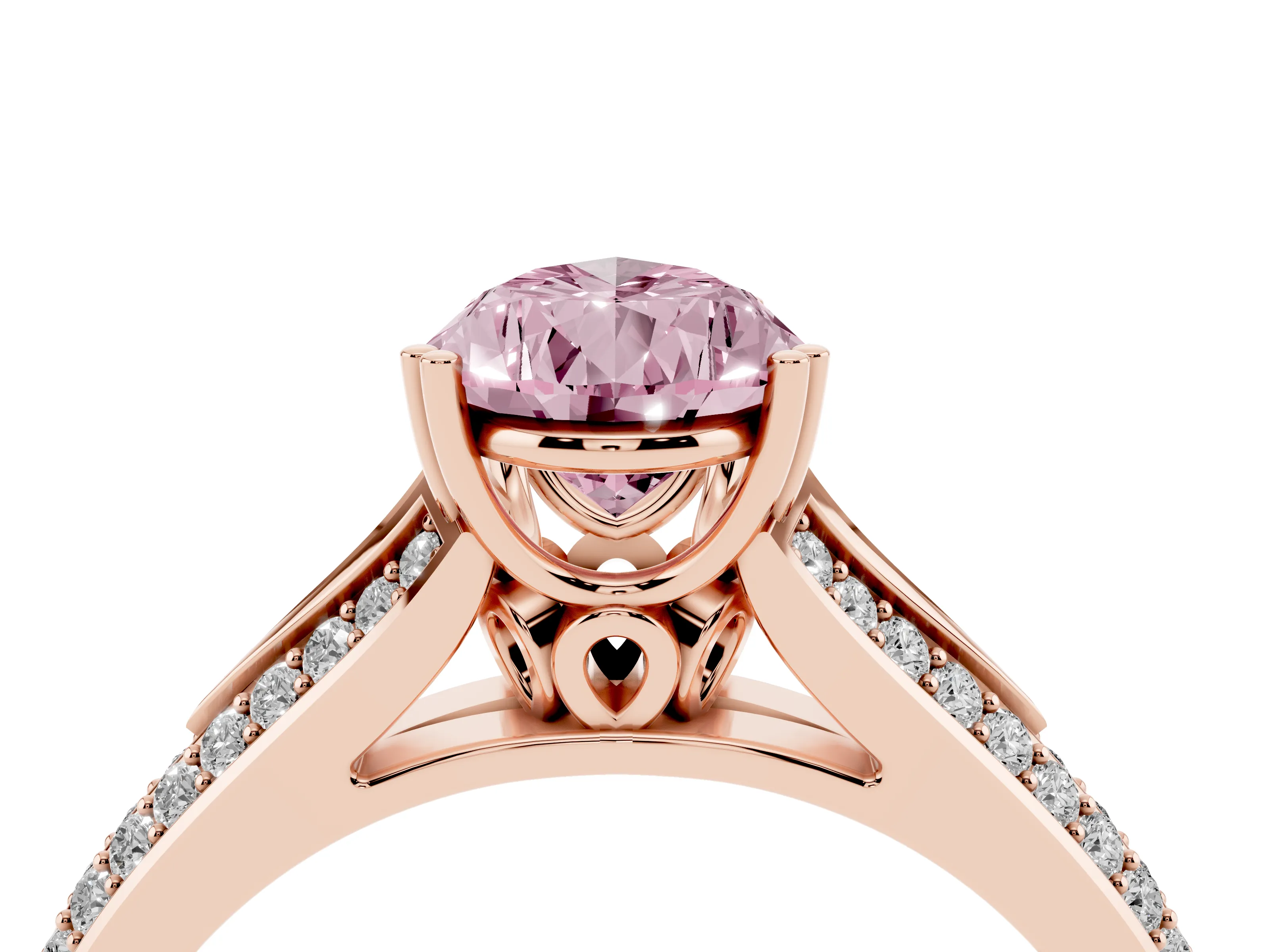 Fancy Pink Pear Cut Diamond Split Shank Pavé Engagement Ring Set in Rose gold with Prong-Set Center Stone