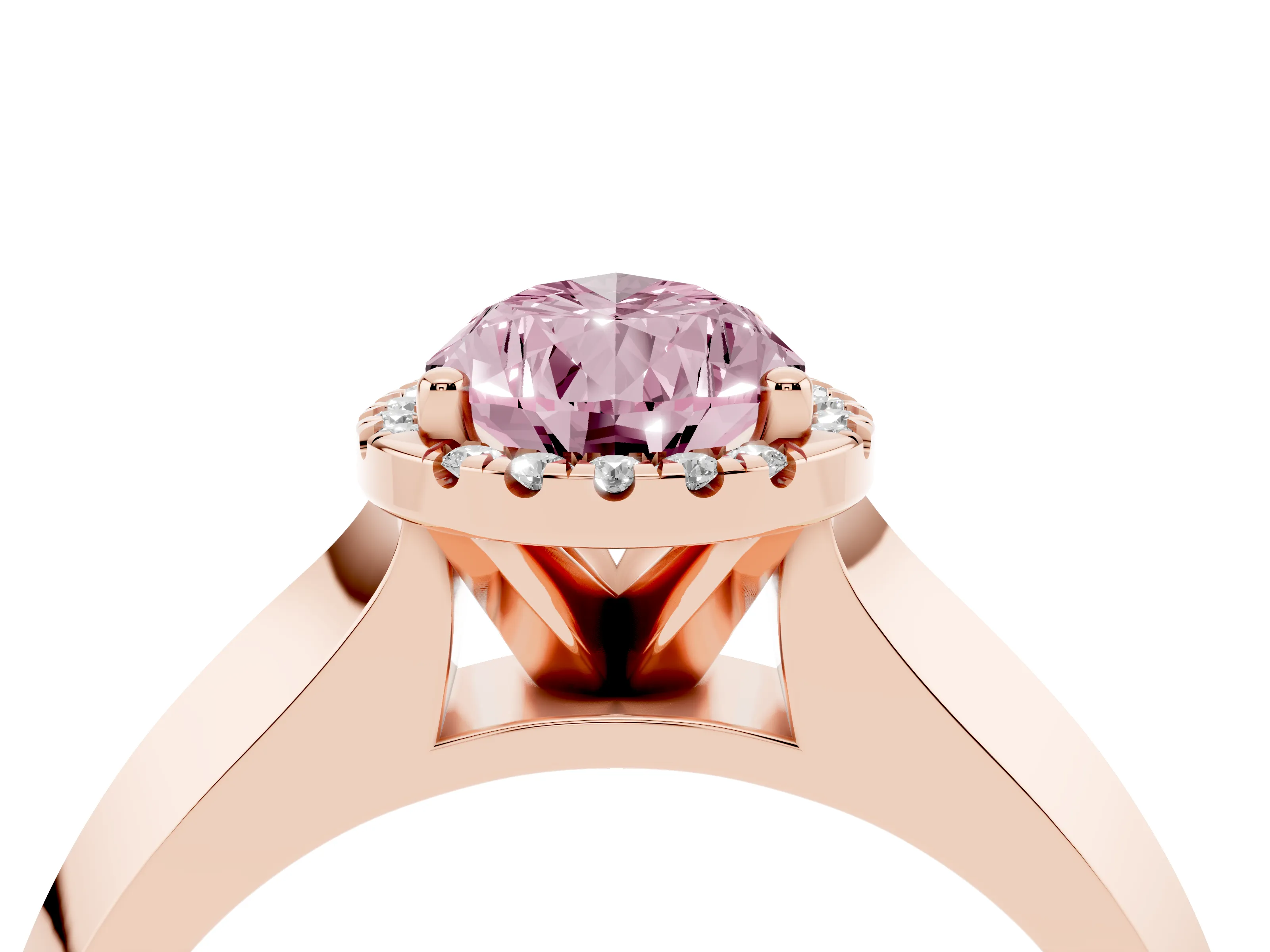 Fancy Pink Pear Cut Diamond Halo Ring Set in Rose gold with Cathedral Band and Prong Setting