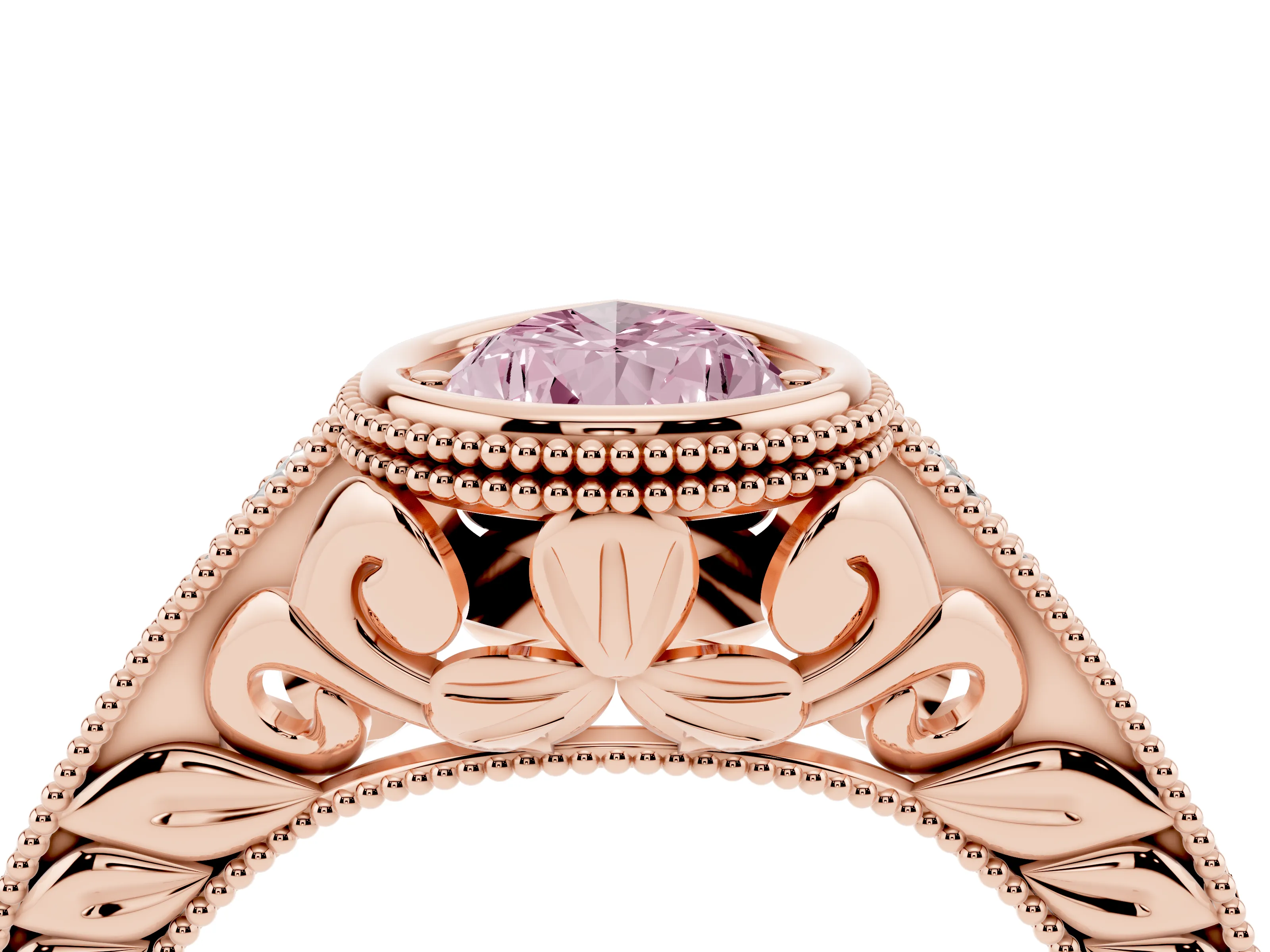 Fancy Pink Bezel Set Pear Cut Diamond Milgrain Pavé Engagement Ring Set in Rose gold