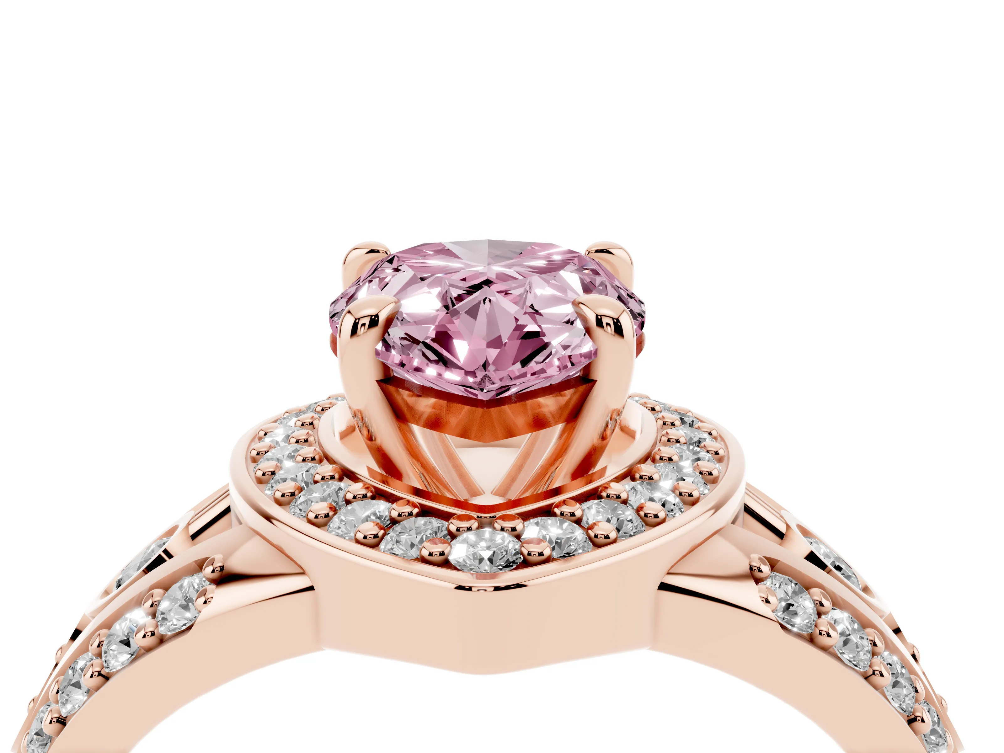 Fancy Pink Pear Cut Diamond Halo Ring Set in Rose gold with Pavé Split Shank and Bezel Accents