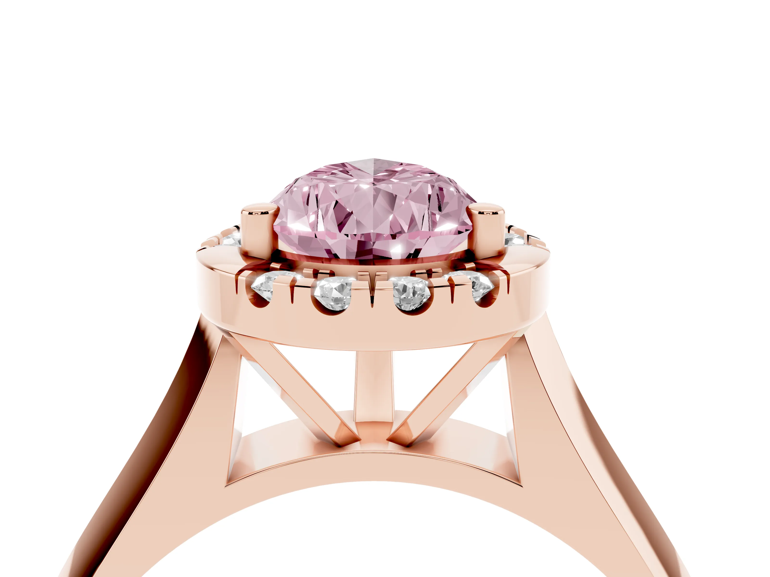 Fancy Pink Pear Cut Diamond Halo Solitaire Engagement Ring Set in Rose gold with Square Band and Prong Setting