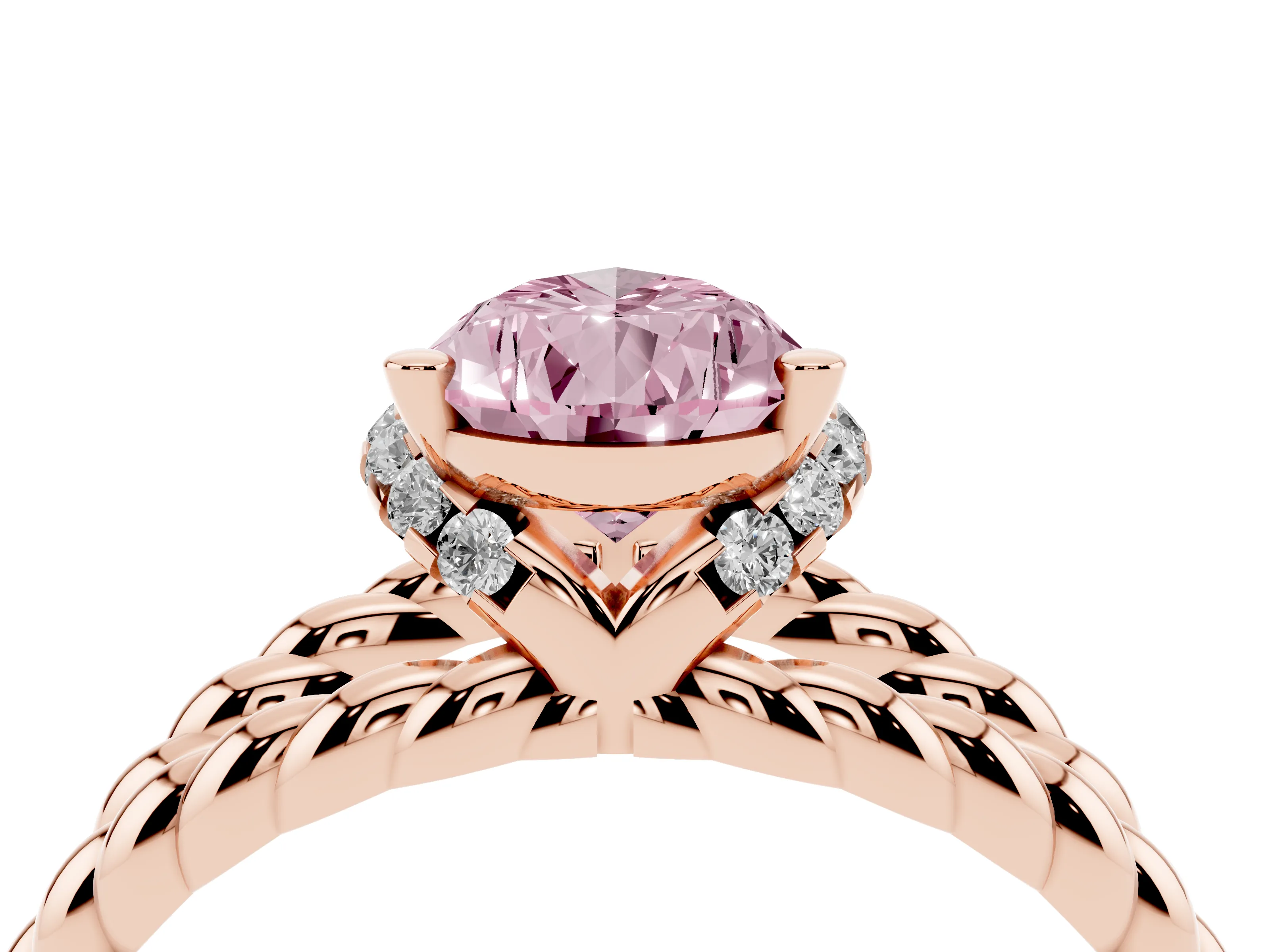 Fancy Pink Pear Cut Diamond Halo Ring Set in Rose gold with Twisted Band and Prong Setting