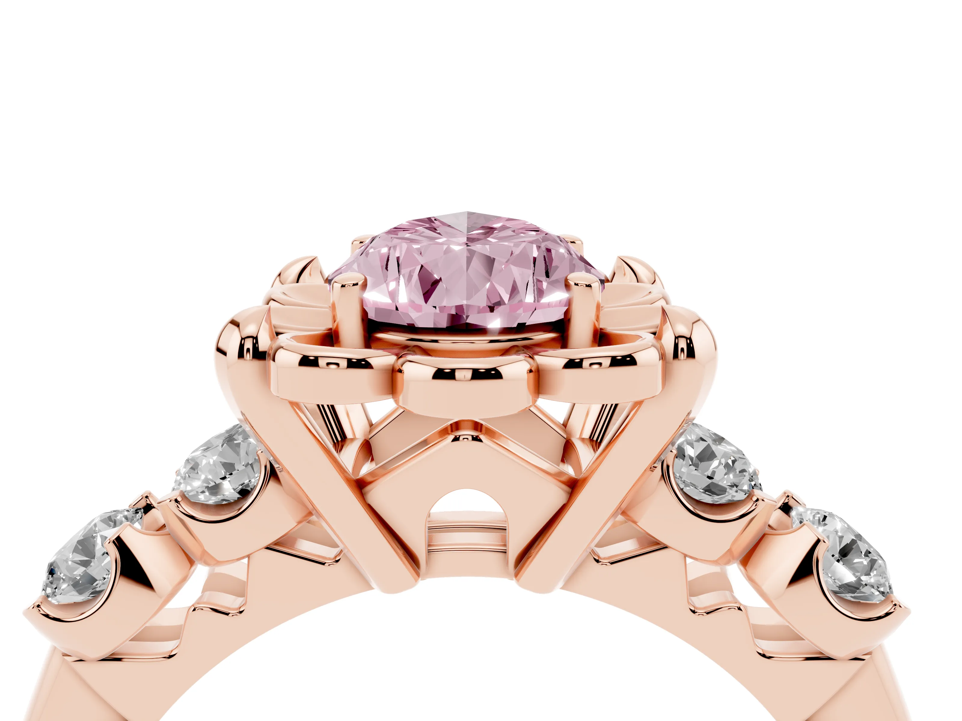 Fancy Pink Pear Cut Diamond Floral Halo Ring Set in Rose gold with Shared Prong Band