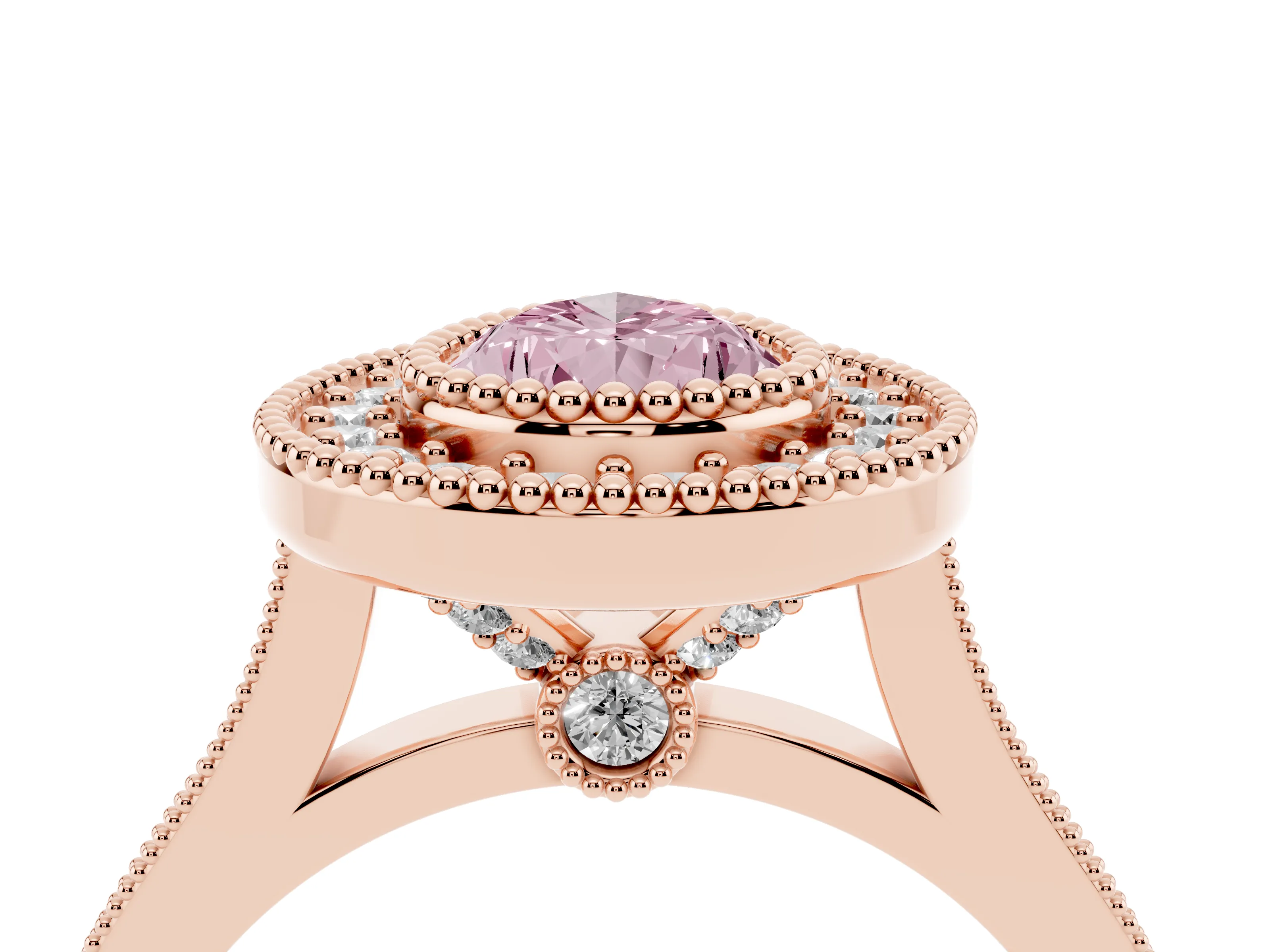 Fancy Pink Pear Cut Diamond Halo Ring Set in Rose gold with Milgrain Frame and Pavé Band