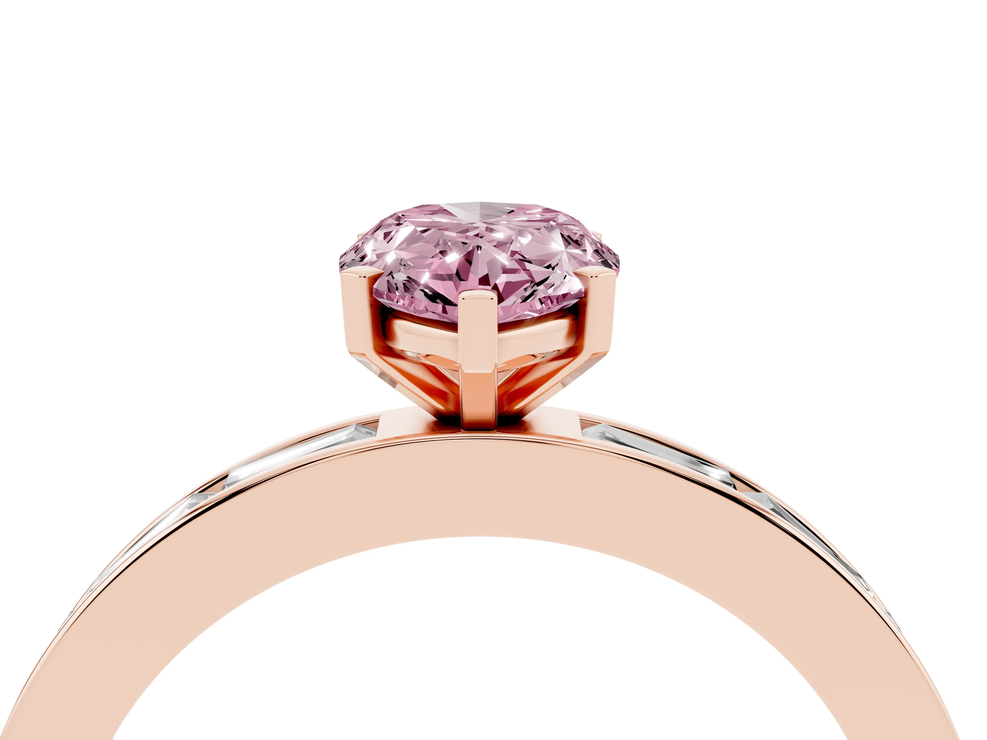 Fancy Pink Pear Cut Diamond Solitaire Ring Set in Rose gold with Channel-Set Baguette Band and Prong Setting
