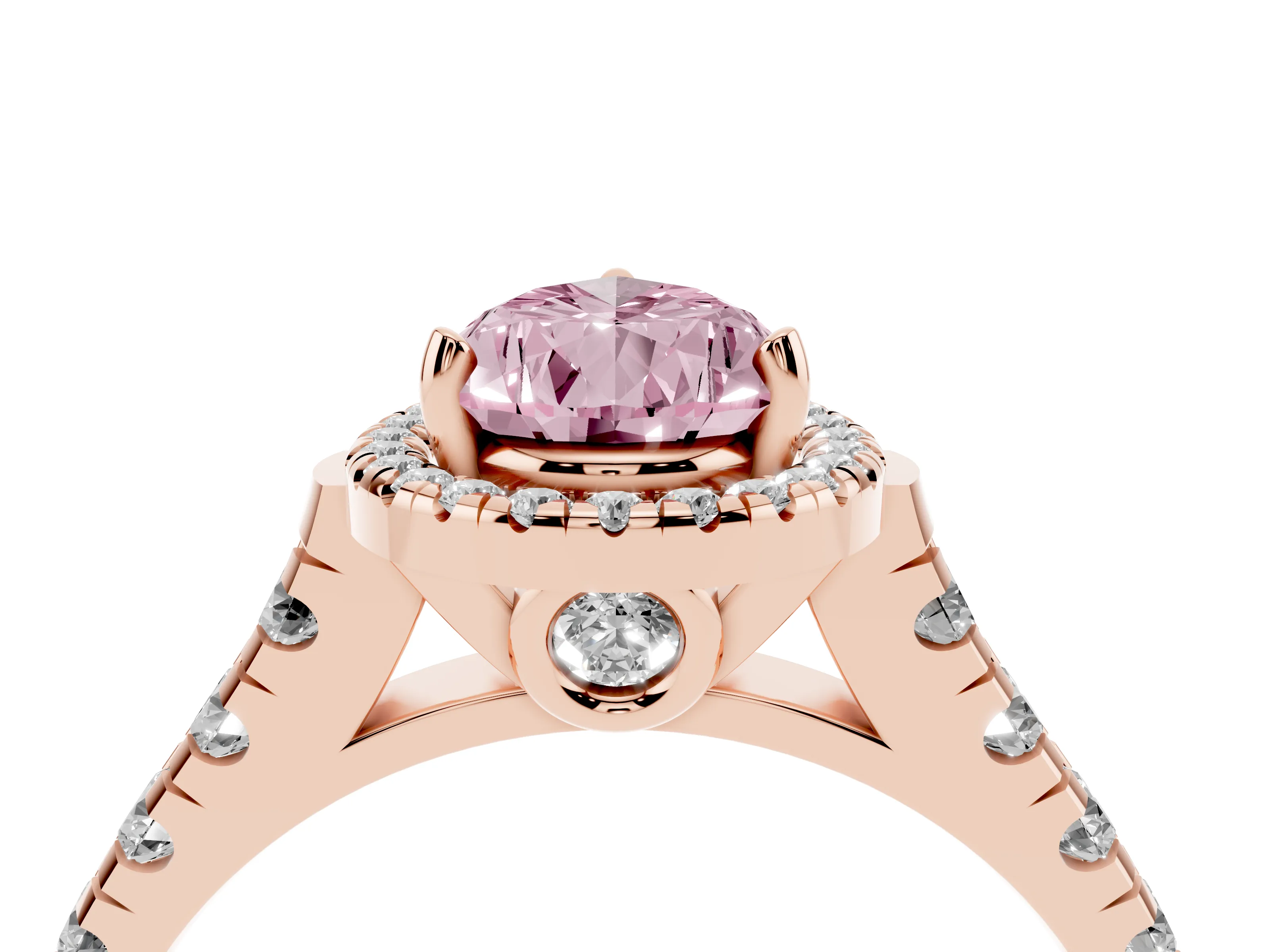 Fancy Pink Pear Cut Diamond Halo Engagement Ring Set in Rose gold with Pavé Band and Prong-Set Center