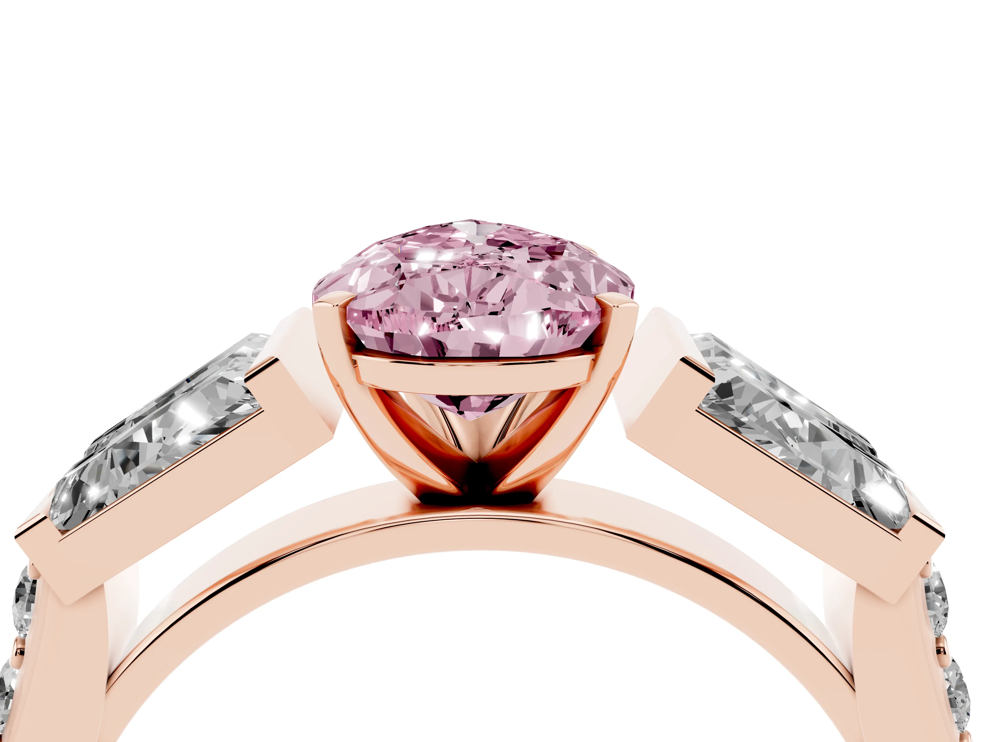 Fancy Pink Pear Cut Diamond Engagement Ring Set in Rose gold with Baguette Side Stones and Channel Set Band