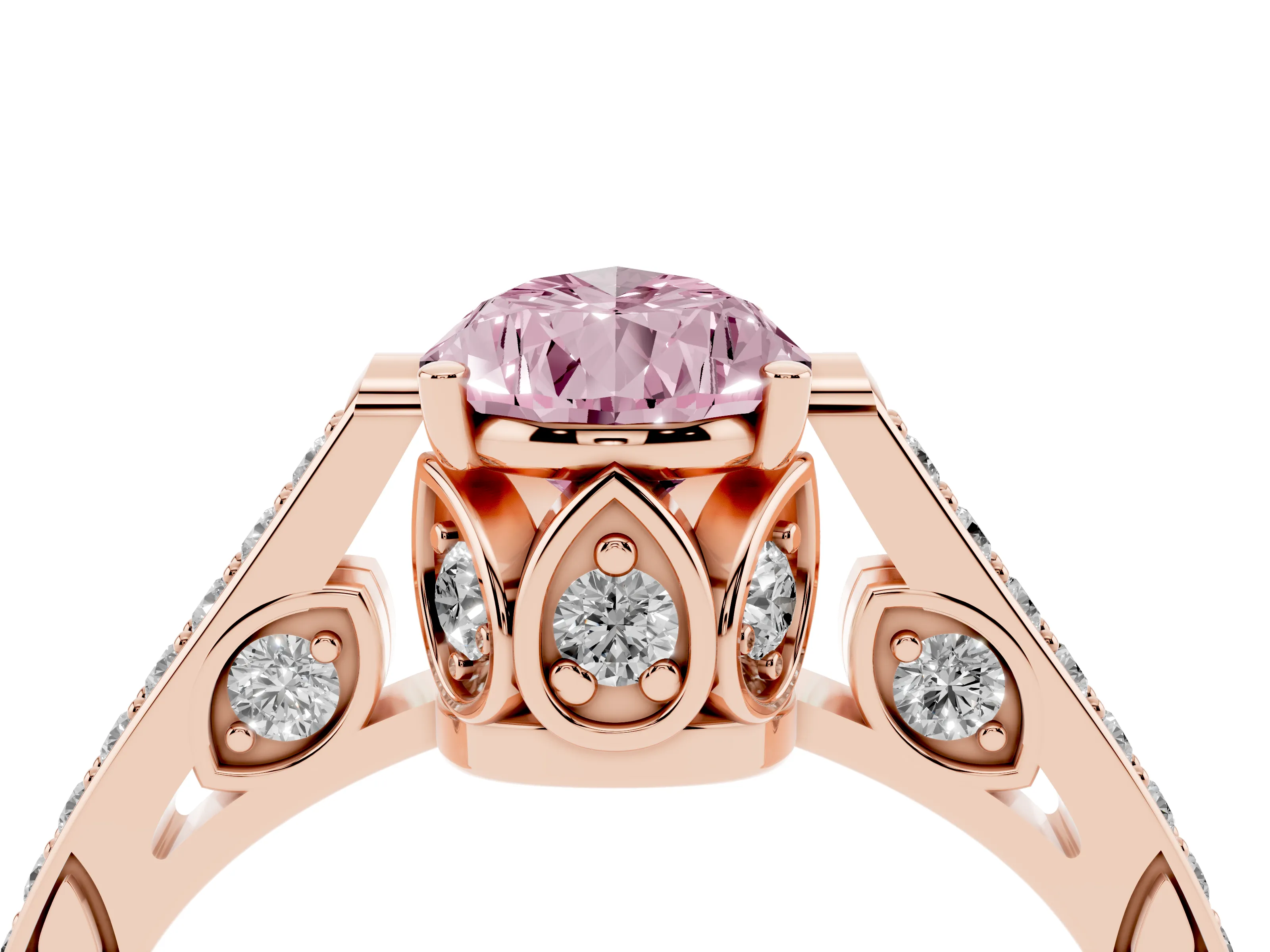 Fancy Pink Pear Cut Diamond Cathedral Pavé Engagement Ring Set in Rose gold with Prong Setting