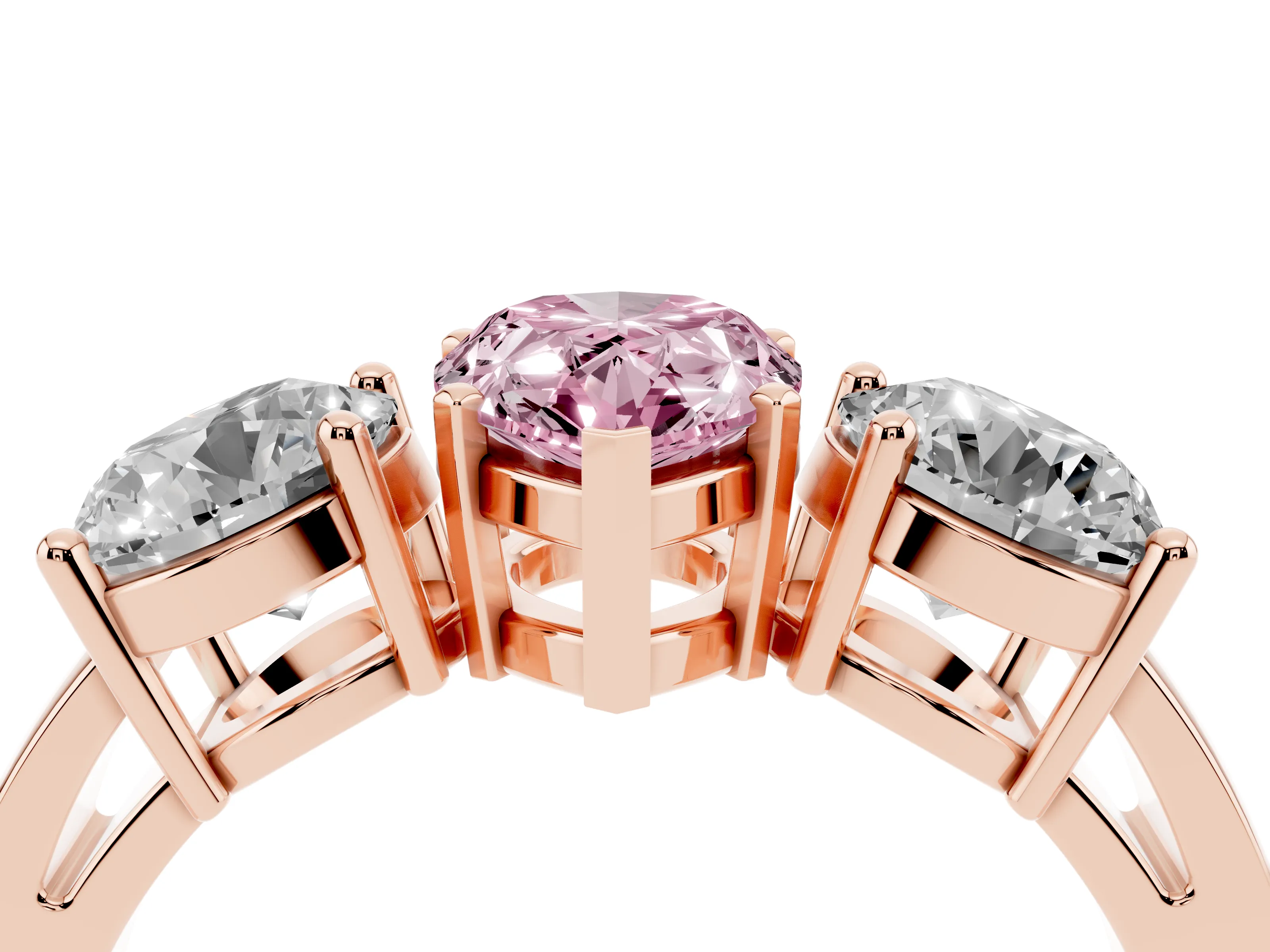 Fancy Pink Pear Cut Diamond Three-Stone Ring Set in Rose gold with Round Side Stones and Classic Band