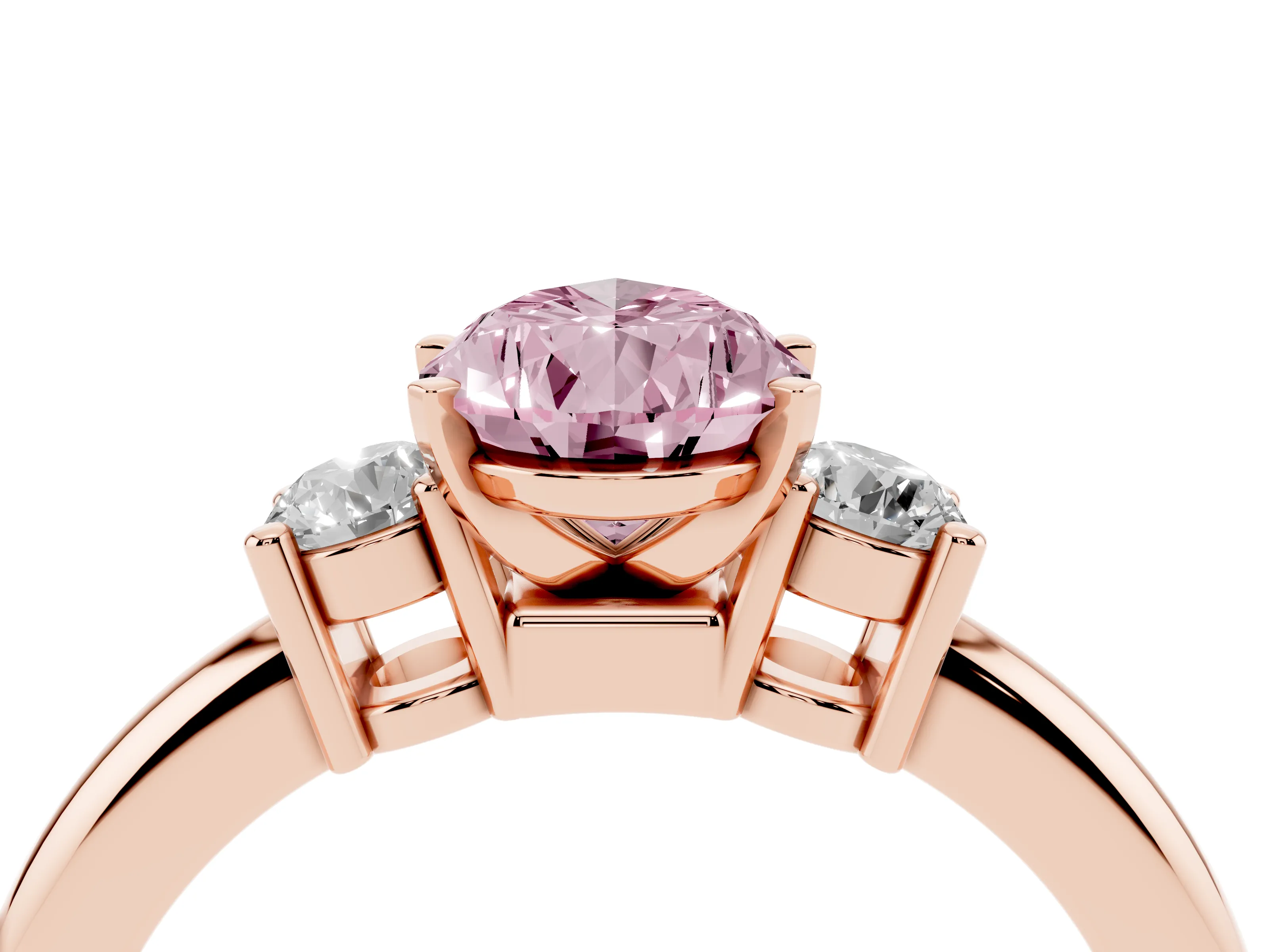 Fancy Pink Three-Stone Pear Cut Diamond Ring Set in Rose gold with Prong Setting and Plain Band