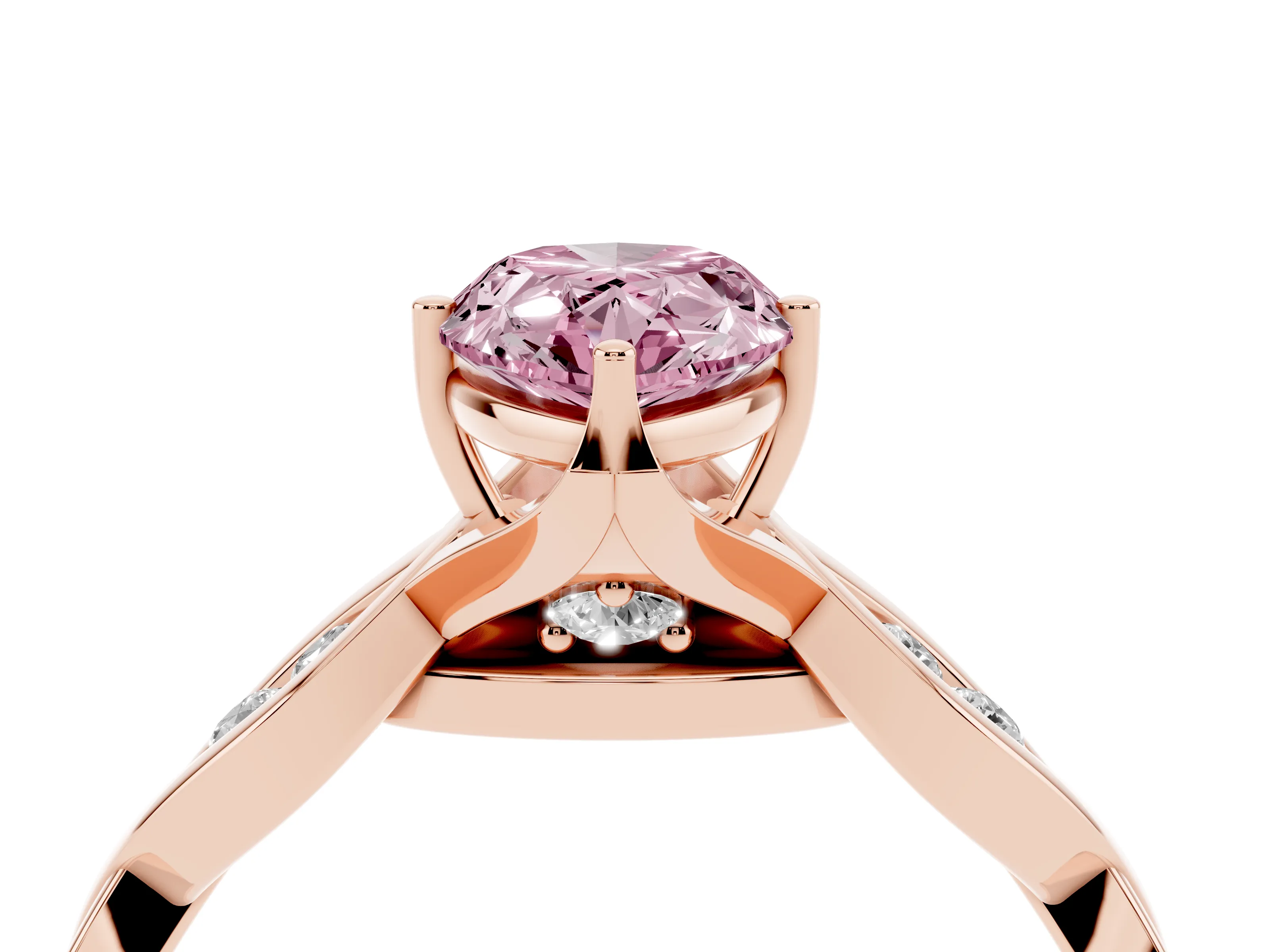 Fancy Pink Pear Cut Diamond Twist Band Solitaire Ring Set in Rose gold with Leaf Prong Setting and Accent Stones