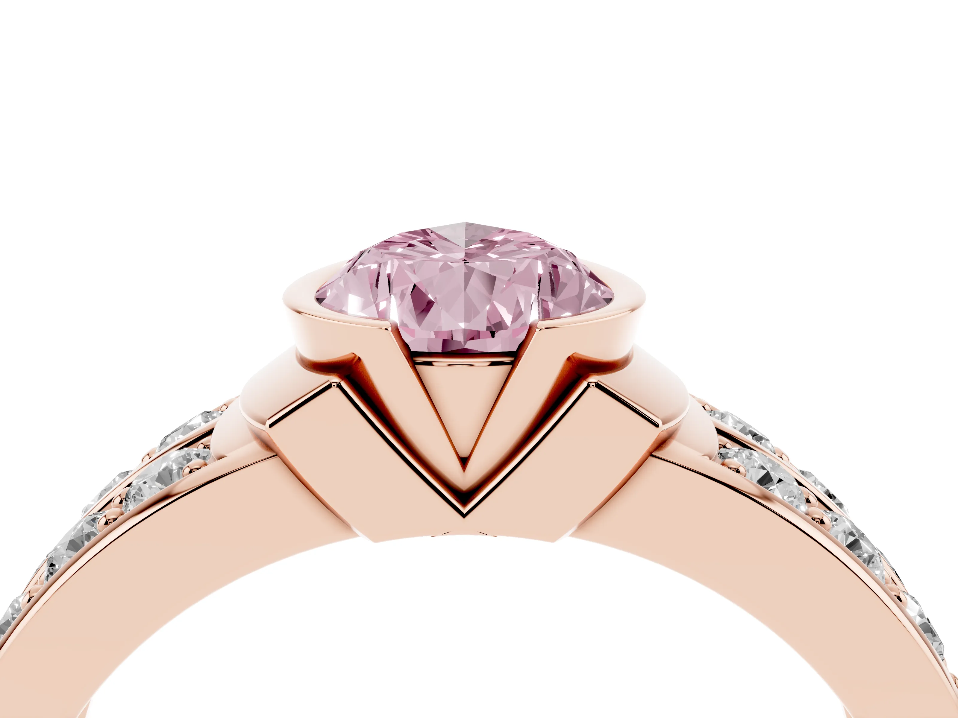 Fancy Pink Pear Cut Diamond Wide Channel Set Band Ring Set in Rose gold with Bezel Setting