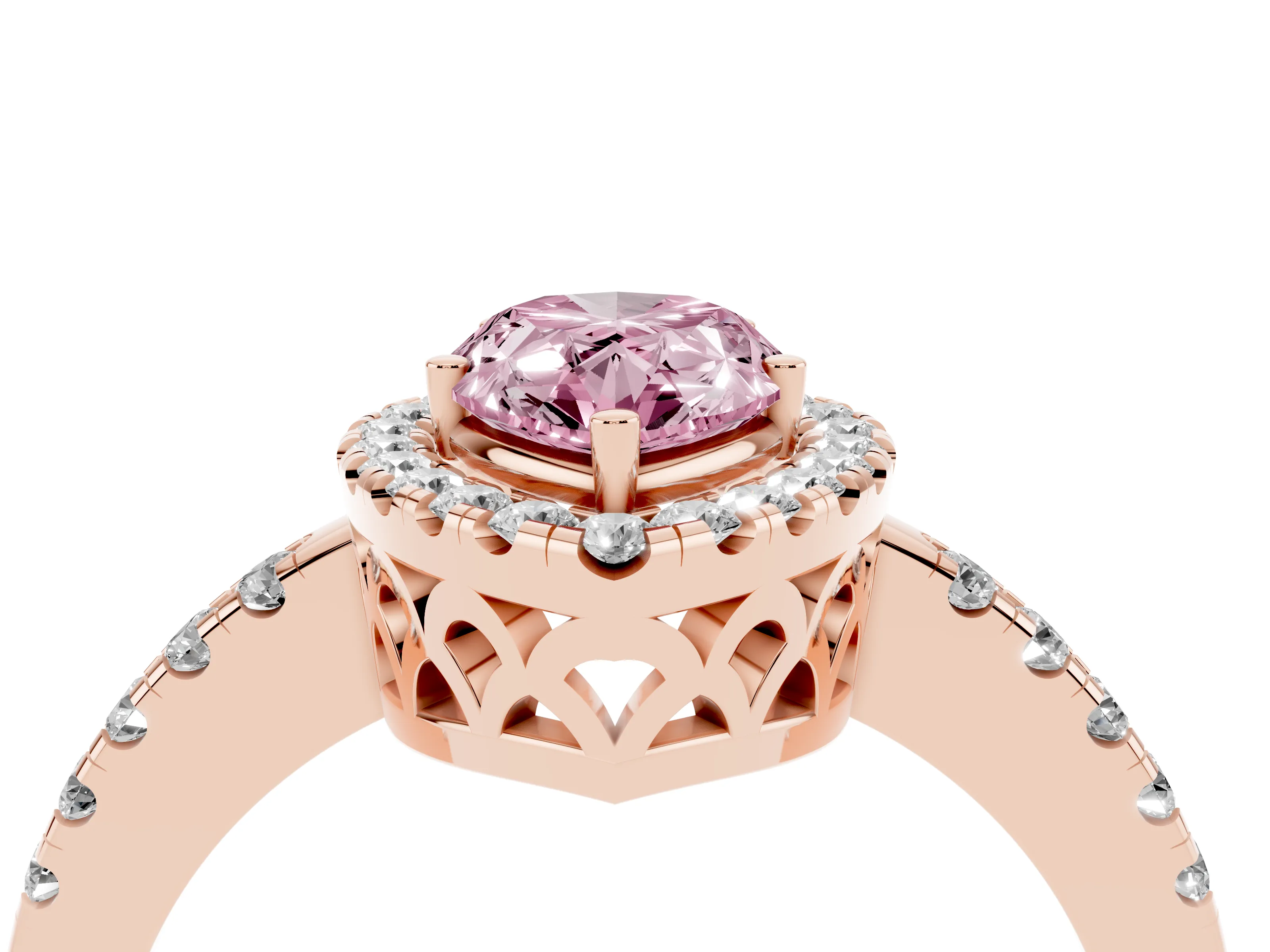 Fancy Pink Pear Cut Diamond Pavé Band Halo Engagement Ring Set in Rose gold with Prong Setting
