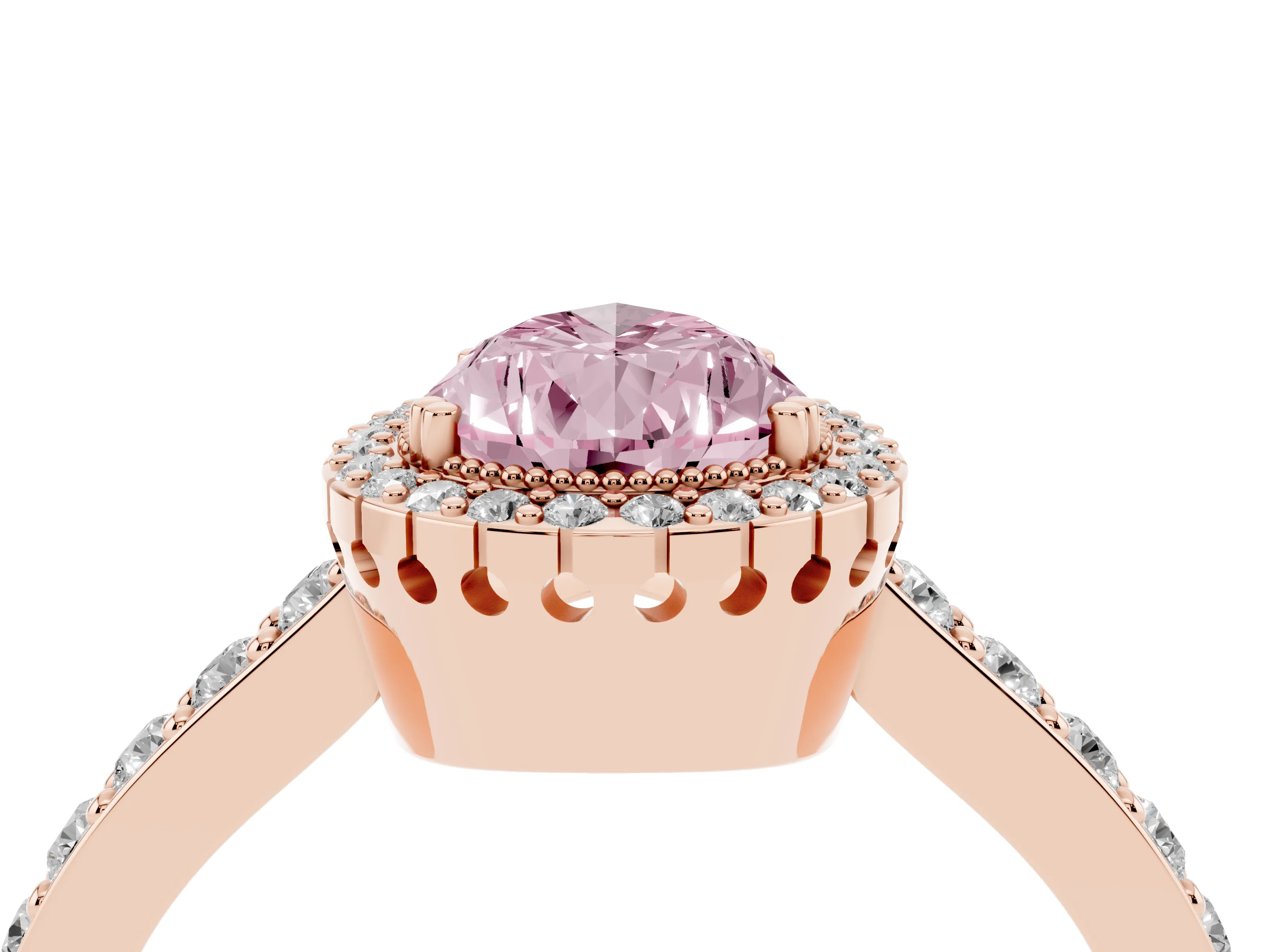 Fancy Pink Pear Cut Diamond Halo Engagement Ring Set in Rose gold with Milgrain Detail and Pavé Band