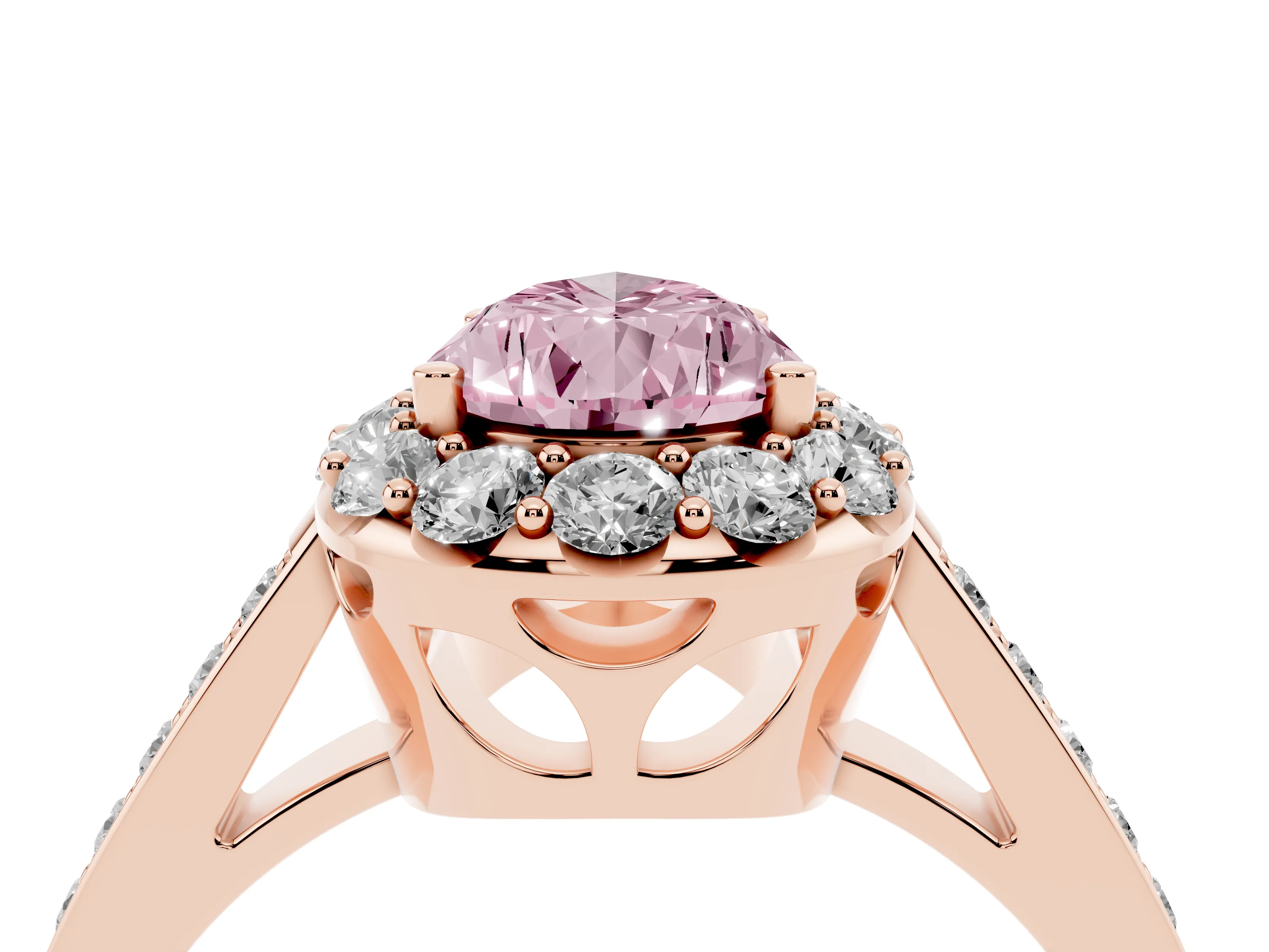 Fancy Pink Pear Cut Diamond Floral Halo Ring Set in Rose gold with Pavé Band and Prong Setting