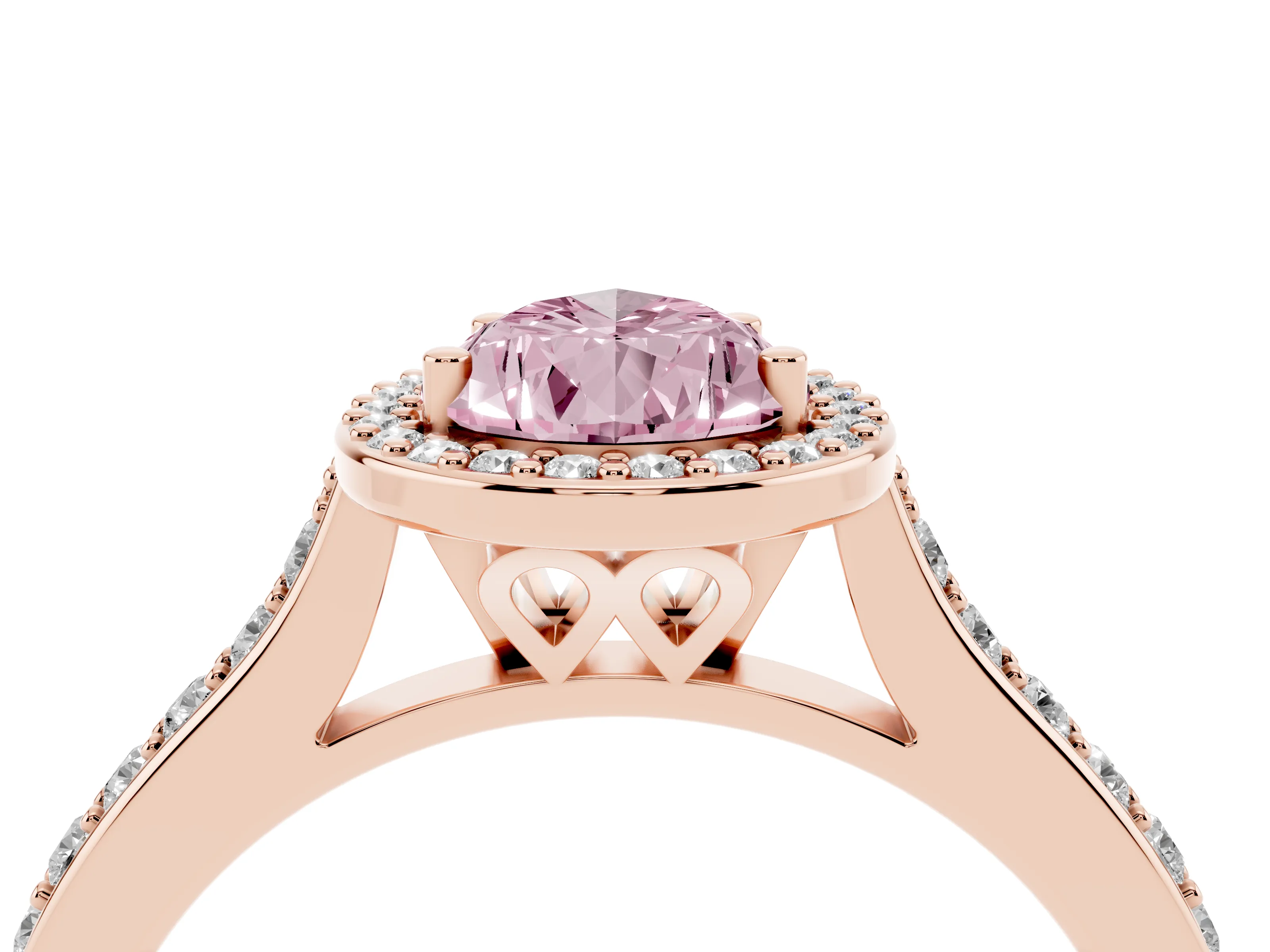 Fancy Pink Pear Cut Diamond Halo Engagement Ring Set in Rose gold with Round Pavé Shoulders and Heart Gallery