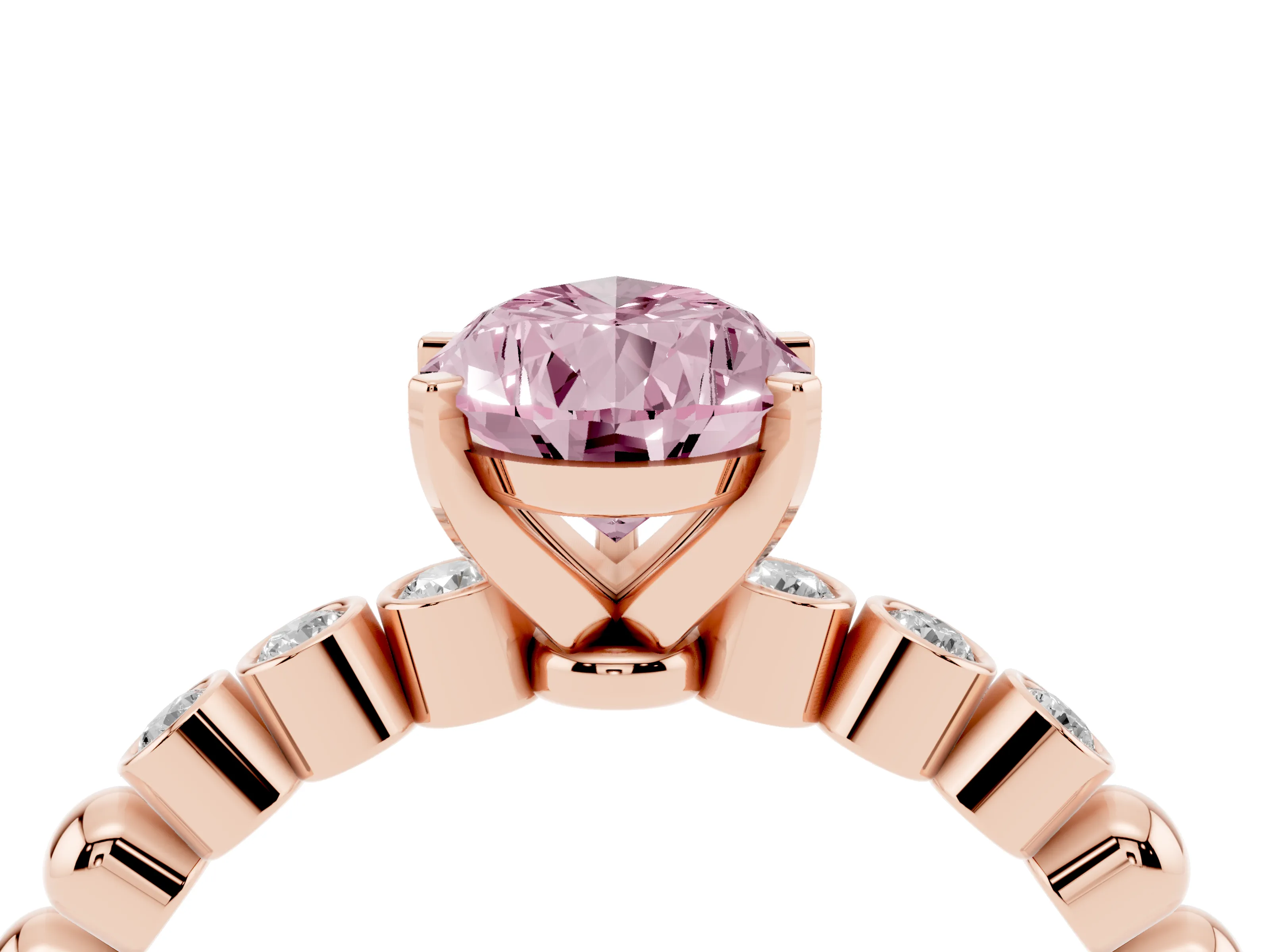 Fancy Pink Pear Cut Diamond Solitaire Engagement Ring Set in Rose gold with Bezel Accents on Beaded Band