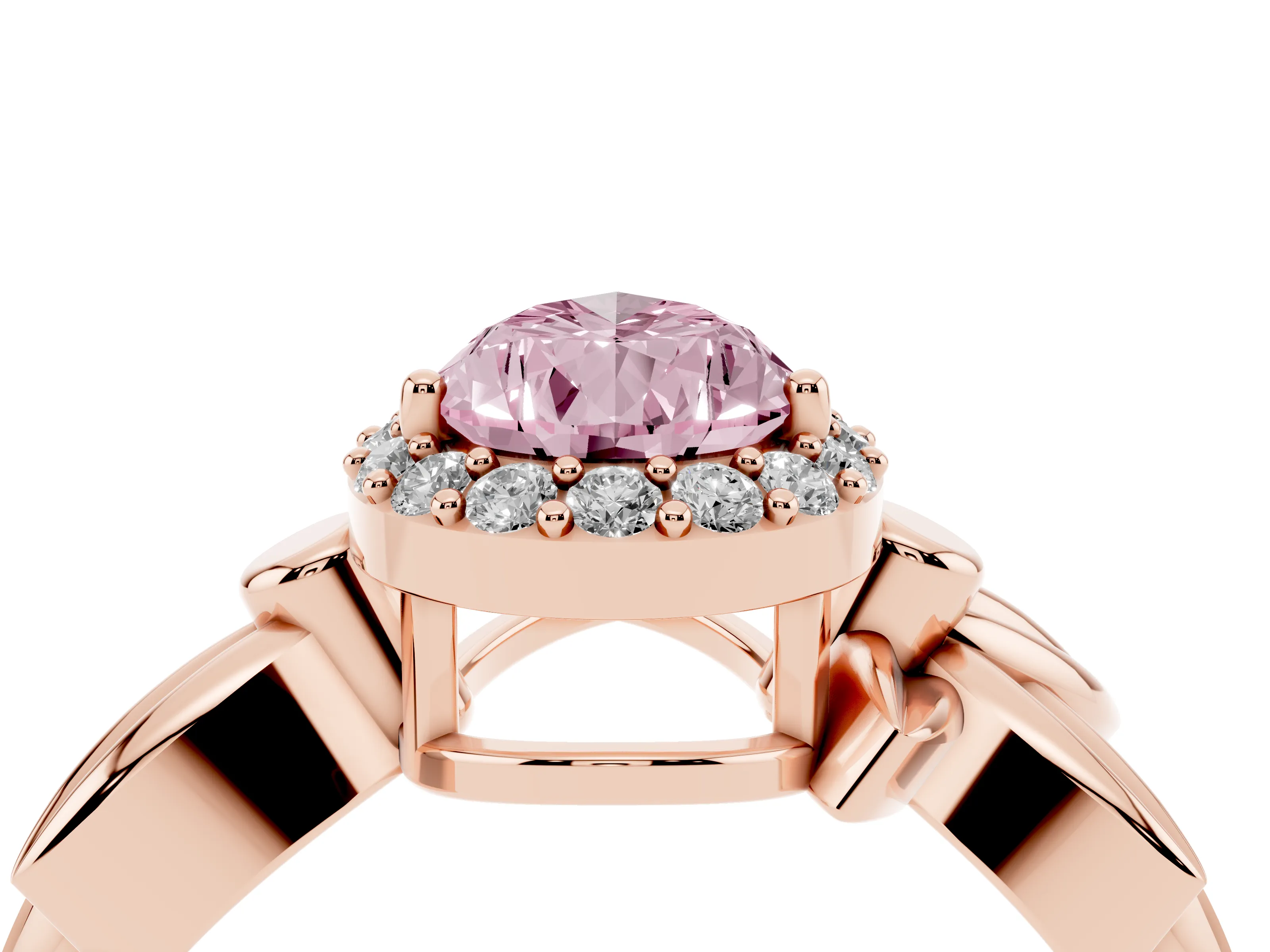 Fancy Pink Pear Cut Diamond Halo Floral Band Ring Set in Rose gold with Prong Setting