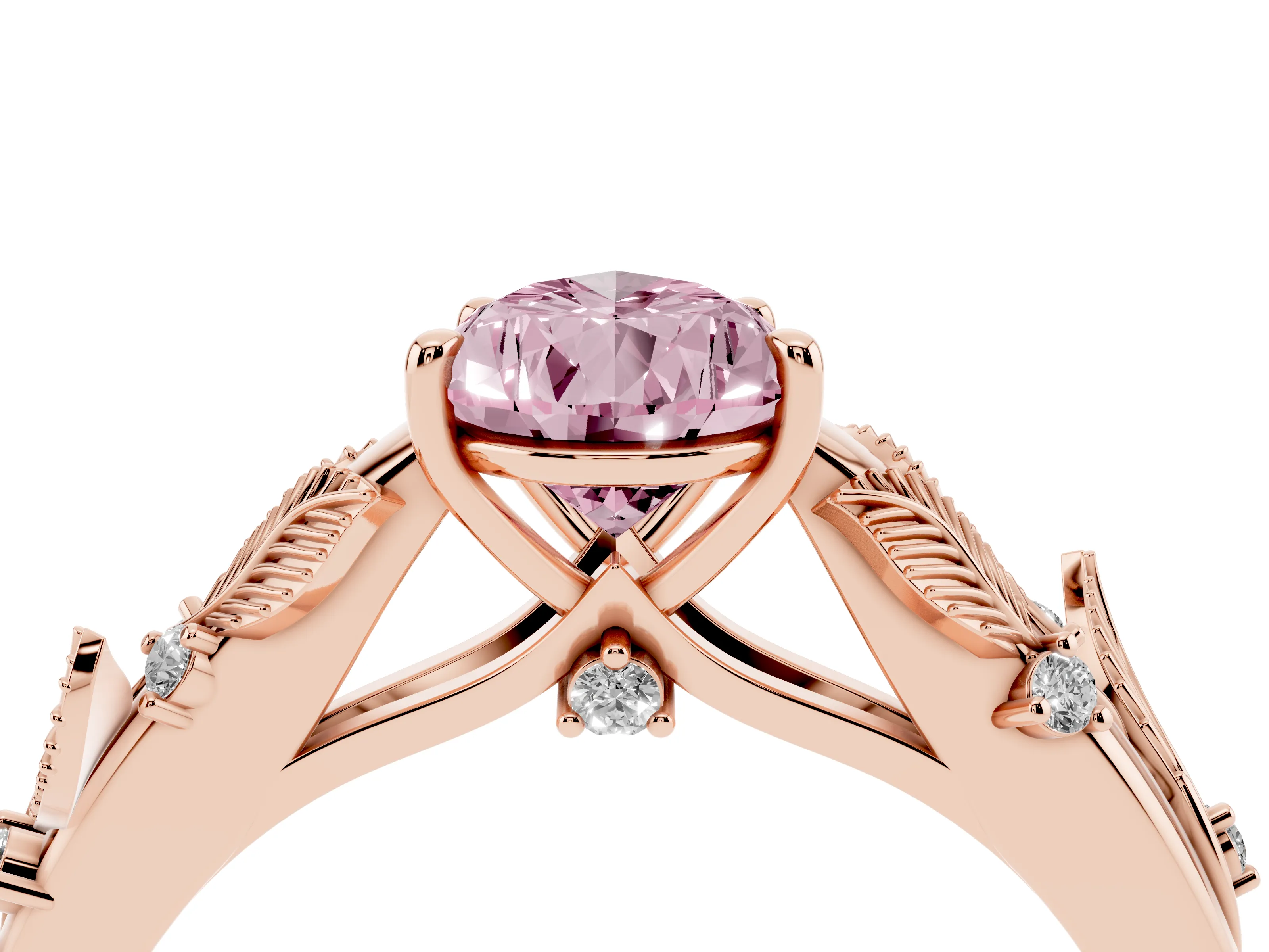 Fancy Pink Pear Cut Diamond Solitaire Ring Set in Rose gold with Leaf Motif Band