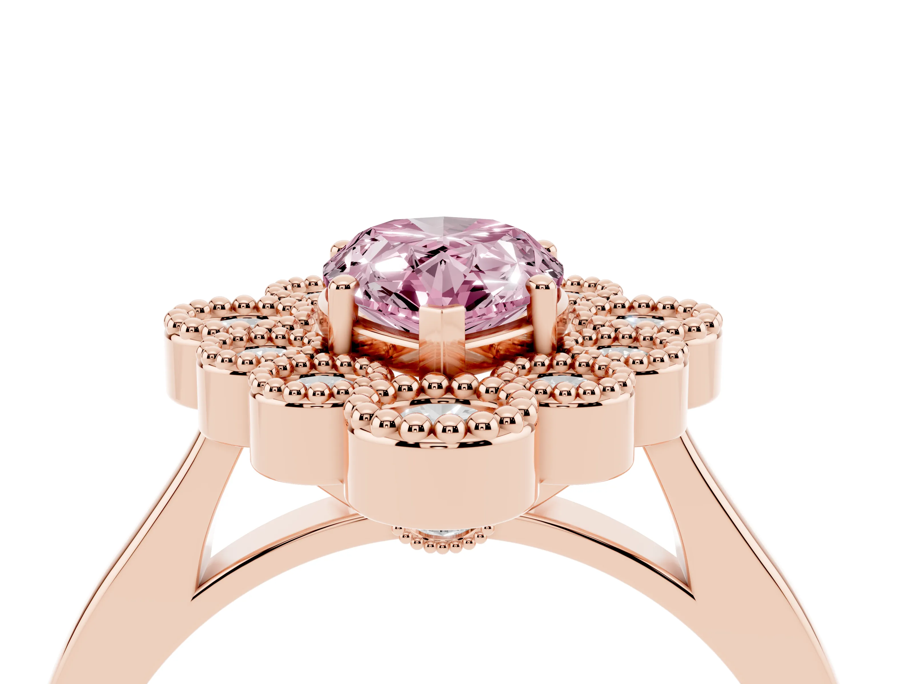 Fancy Pink Pear Cut Diamond Cluster Halo Ring Set in Rose gold with Milgrain Bezel Accents and Plain Band