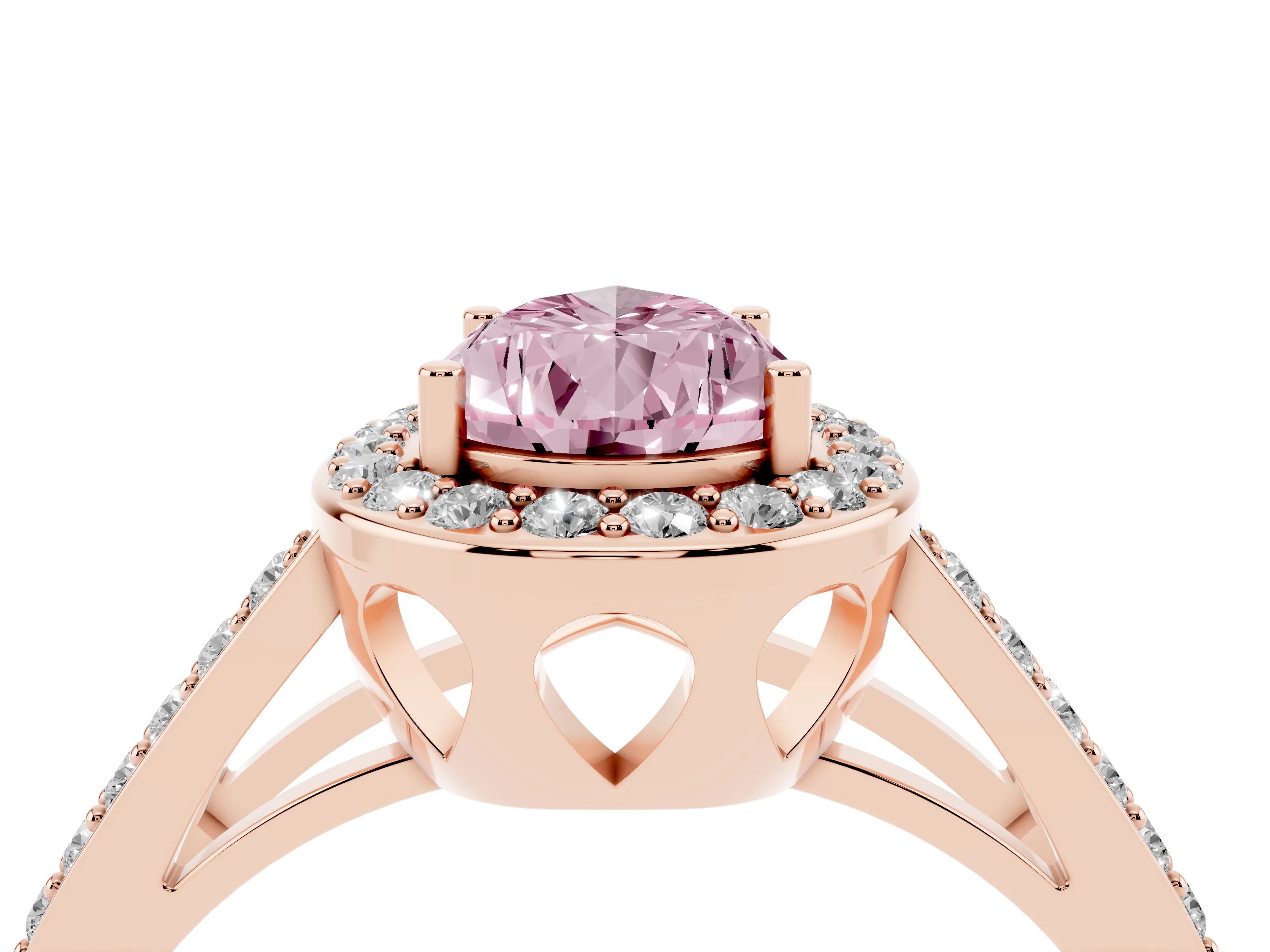 Fancy Pink Pear Cut Diamond Halo Ring Set in Rose gold with U-Prong Split Shank and Prong Setting