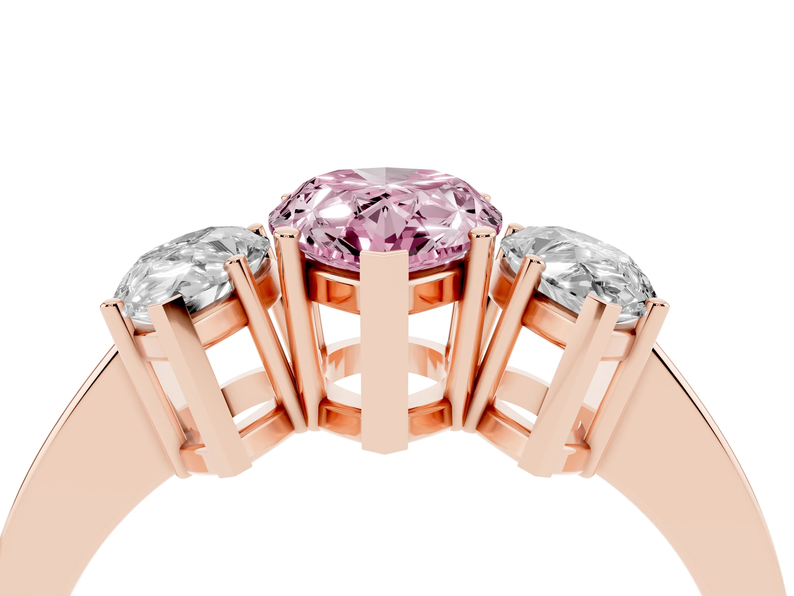 Fancy Pink Pear Cut Diamond Three-Stone Engagement Ring Set in Rose gold with Flat Band