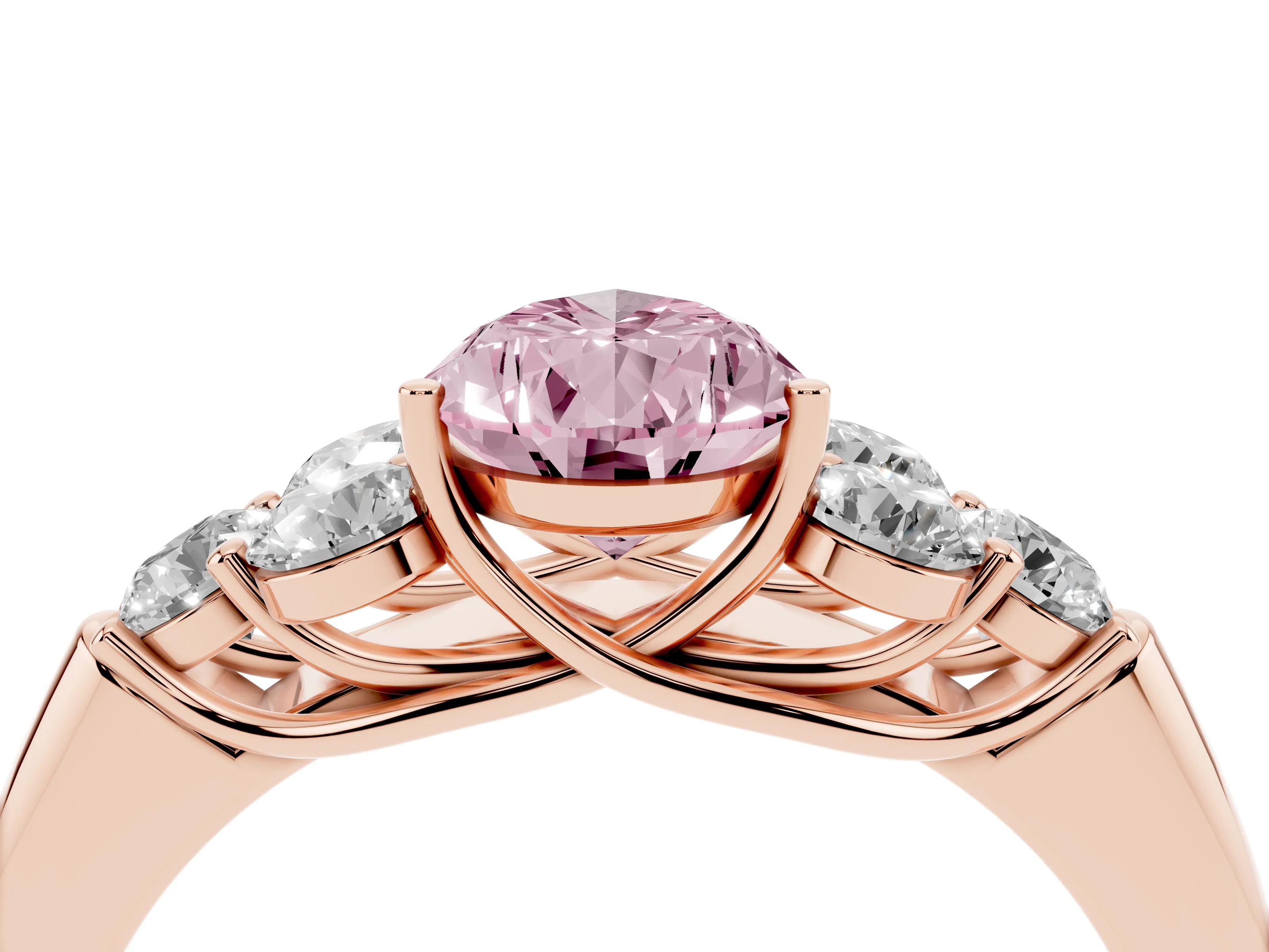 Fancy Pink Pear Cut Diamond Cluster Ring Set in Rose gold with Round Accent Stones and Prong Setting on a Plain Band