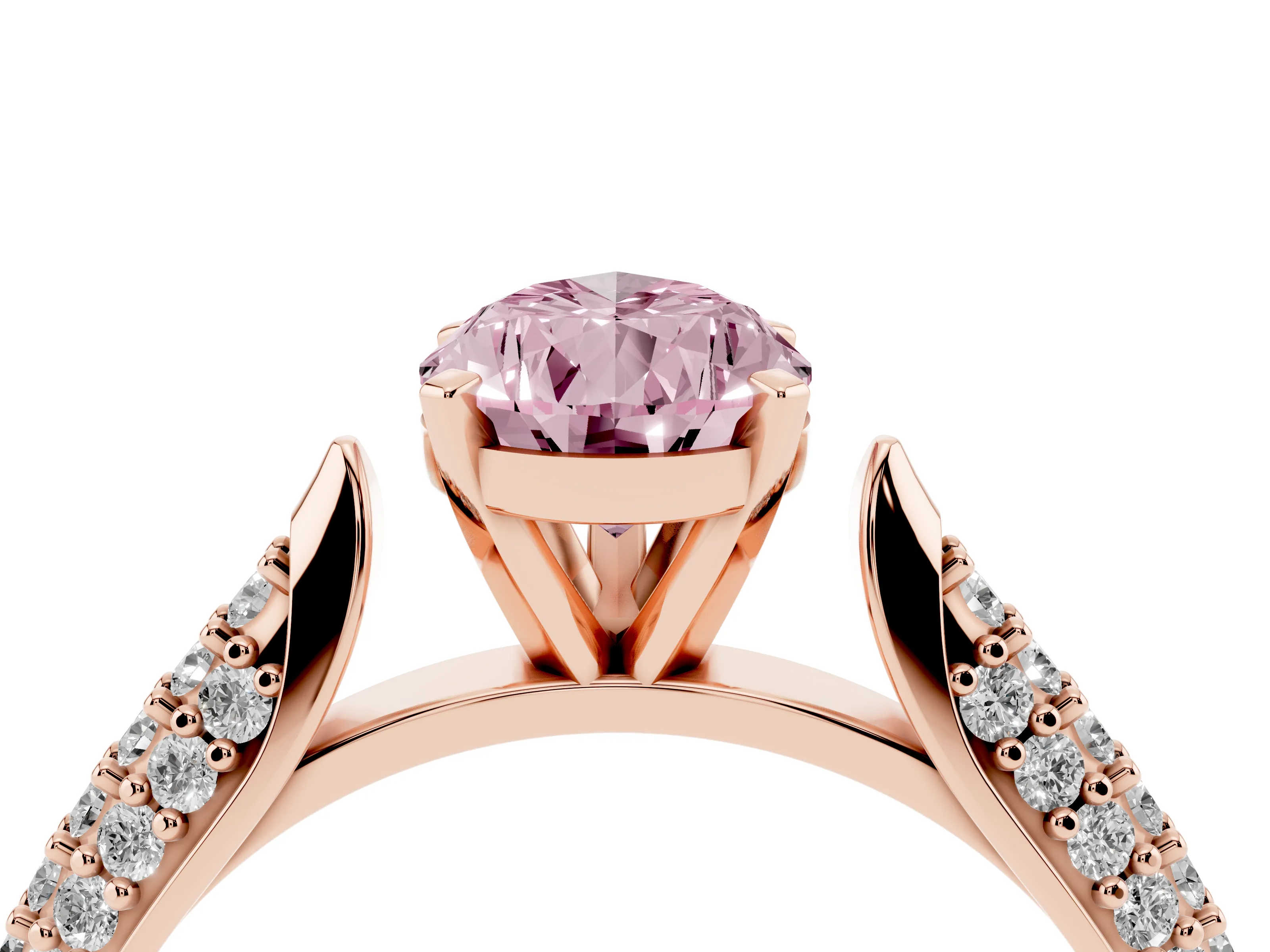 Fancy Pink Pear Cut Diamond Solitaire Engagement Ring Set in Rose gold with Multi-Row Round Pavé Band and Prong Setting