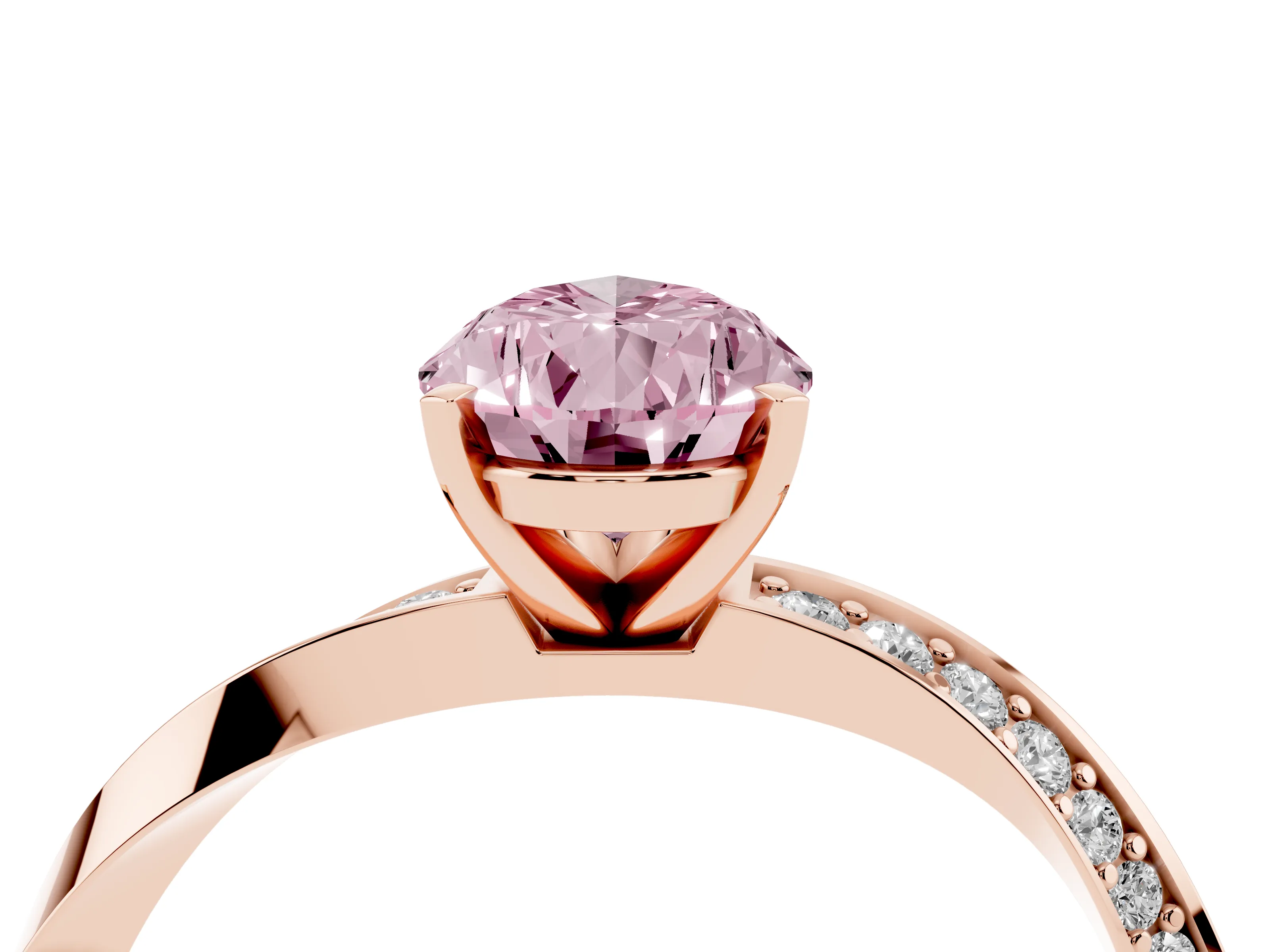 Fancy Pink Pear Cut Diamond Engagement Ring Set in Rose gold with Side Stone Accents and Prong Setting