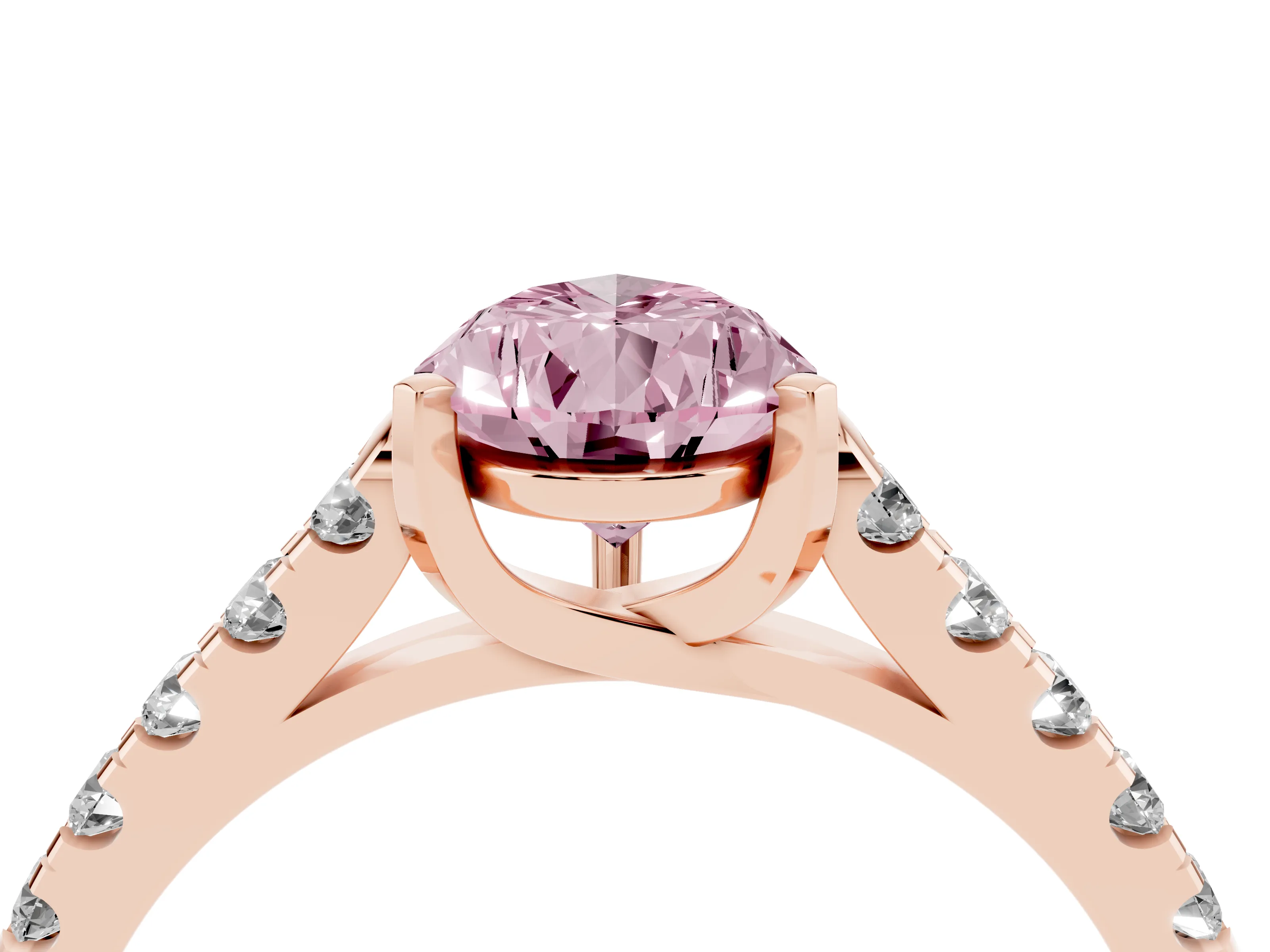 Fancy Pink Pear Cut Diamond Pavé Band Solitaire Ring Set in Rose gold with Partway Accent Stones and Prong Setting