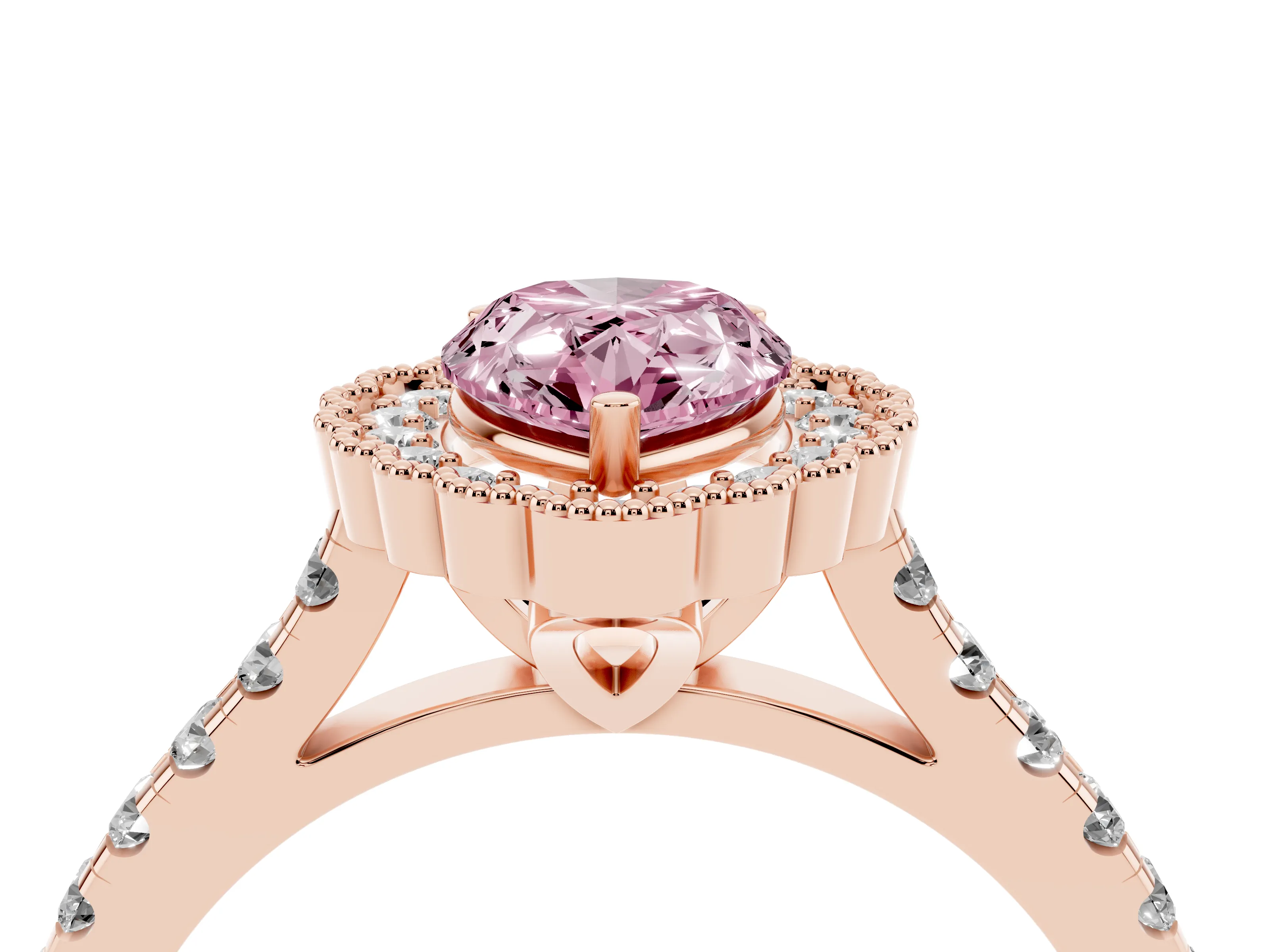 Fancy Pink Pear Cut Diamond Milgrain Floral Halo Engagement Ring Set in Rose gold with Pavé Band